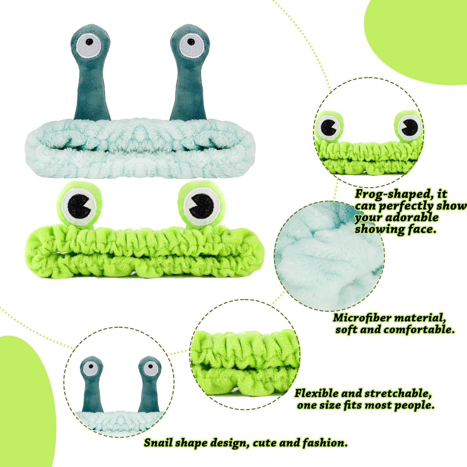 AOOTUERL 2 Pcs Skincare Headband, Cute Frog Headband and Snail Headband Headband, Funny Hair Bands for Makeup Shower Face Washing Skincare Sports Cute Plush Hair Hoop