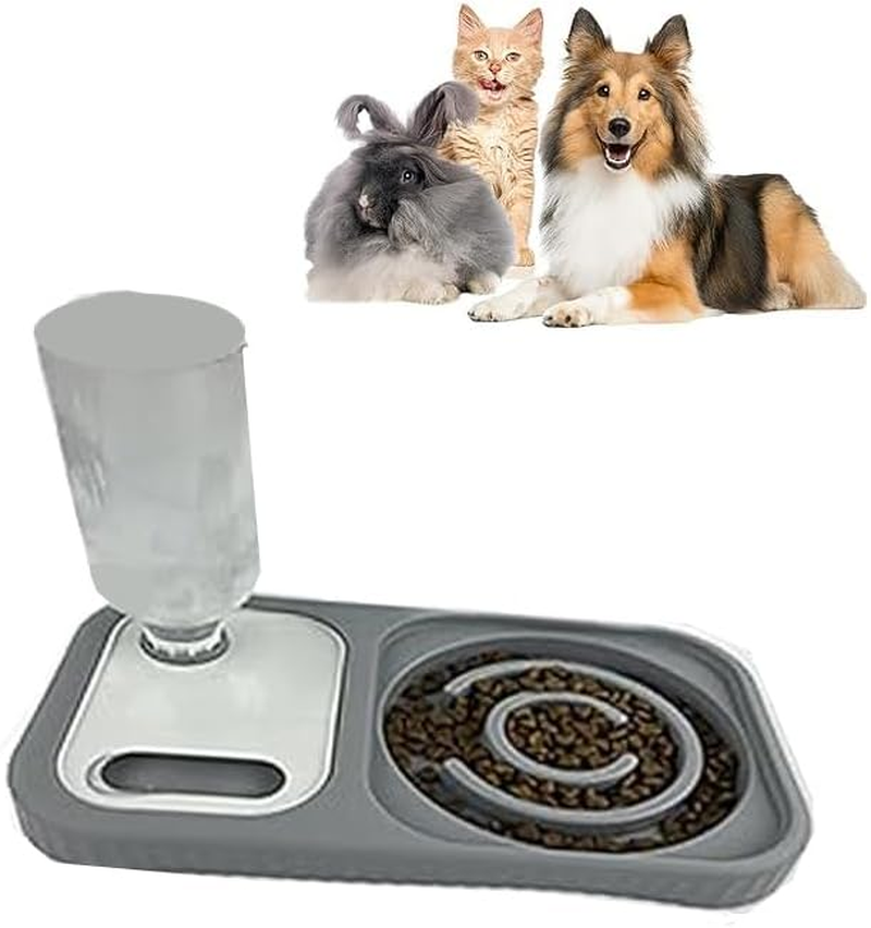 Slow Feeder Bowl Forwith Automatic Gravity Water Bottle Set for All Size Dogs Cats Slow Eating Stop Gulping Promotes Digestion and Reduces Vomiting Durable Preventing Choking (Grey)