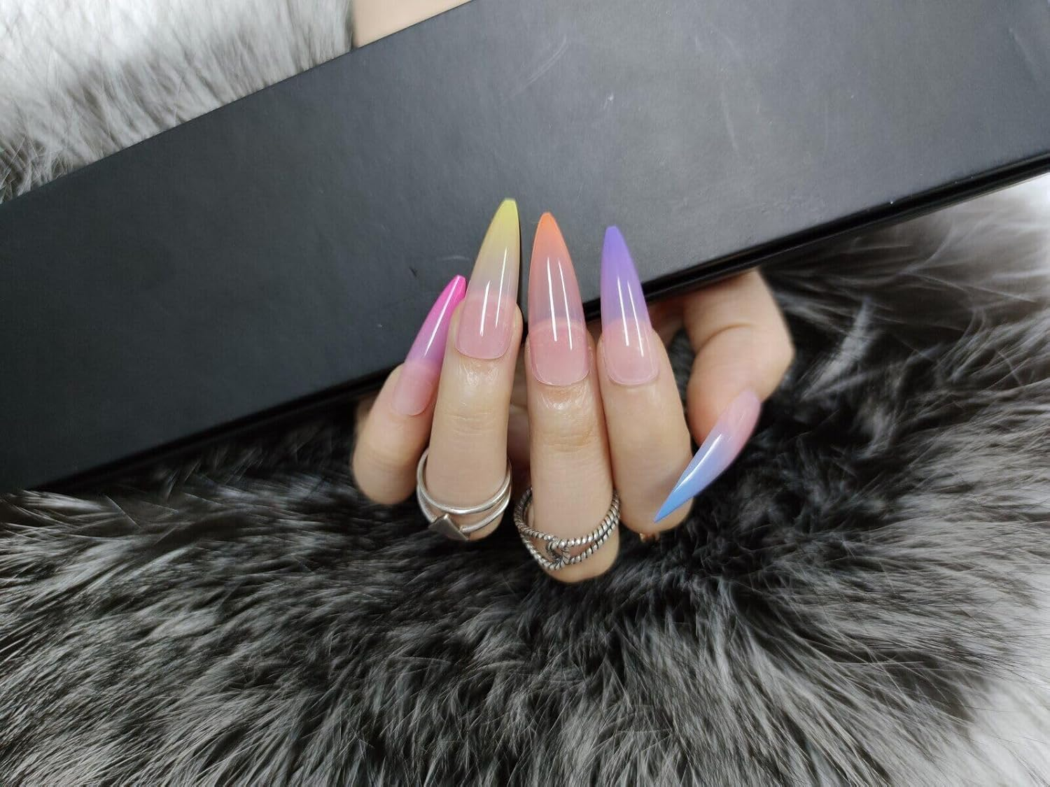 Press on Nails Fake Long Point Pointing Nail Tips Rainbow Stiletto 20 Pcs image number 4