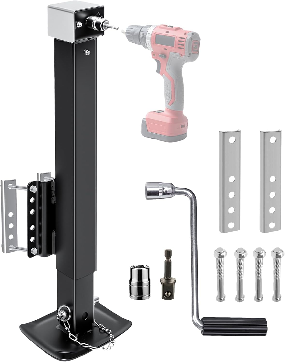 8000 Lbs Heavy Duty Trailer Jack, 28.8" Lift, 20-24V Cordless Drill Compatible, for RV, Boat, Yacht & Utility Trailers, with Manual Crank Handle & Weatherproof Cover, Sliver