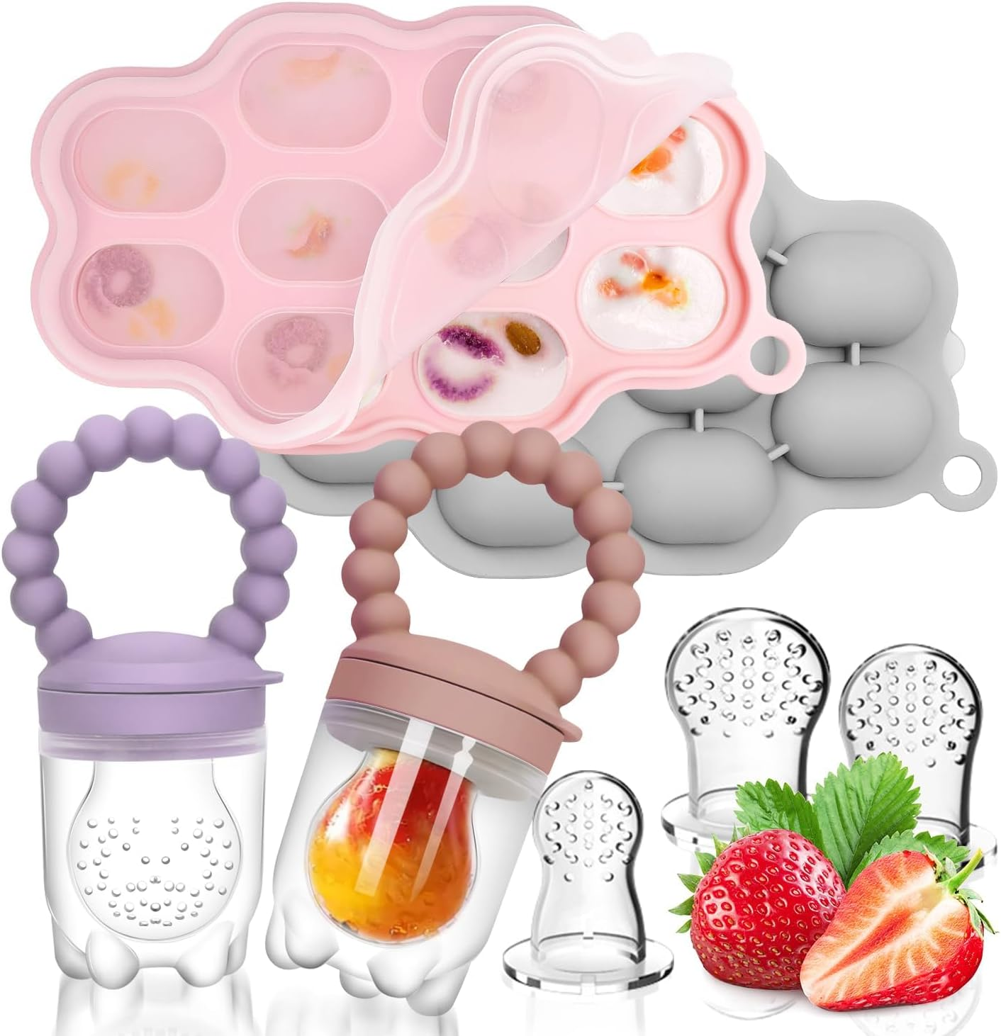 Baby Silicone Fruit Food Feeder Pacifier, 2 Pack Freezer Tray Set for Babies-Breastmilk Storage Container and Freezer Tray-Teething Popsicle Molds for Soothing Relief image number 3