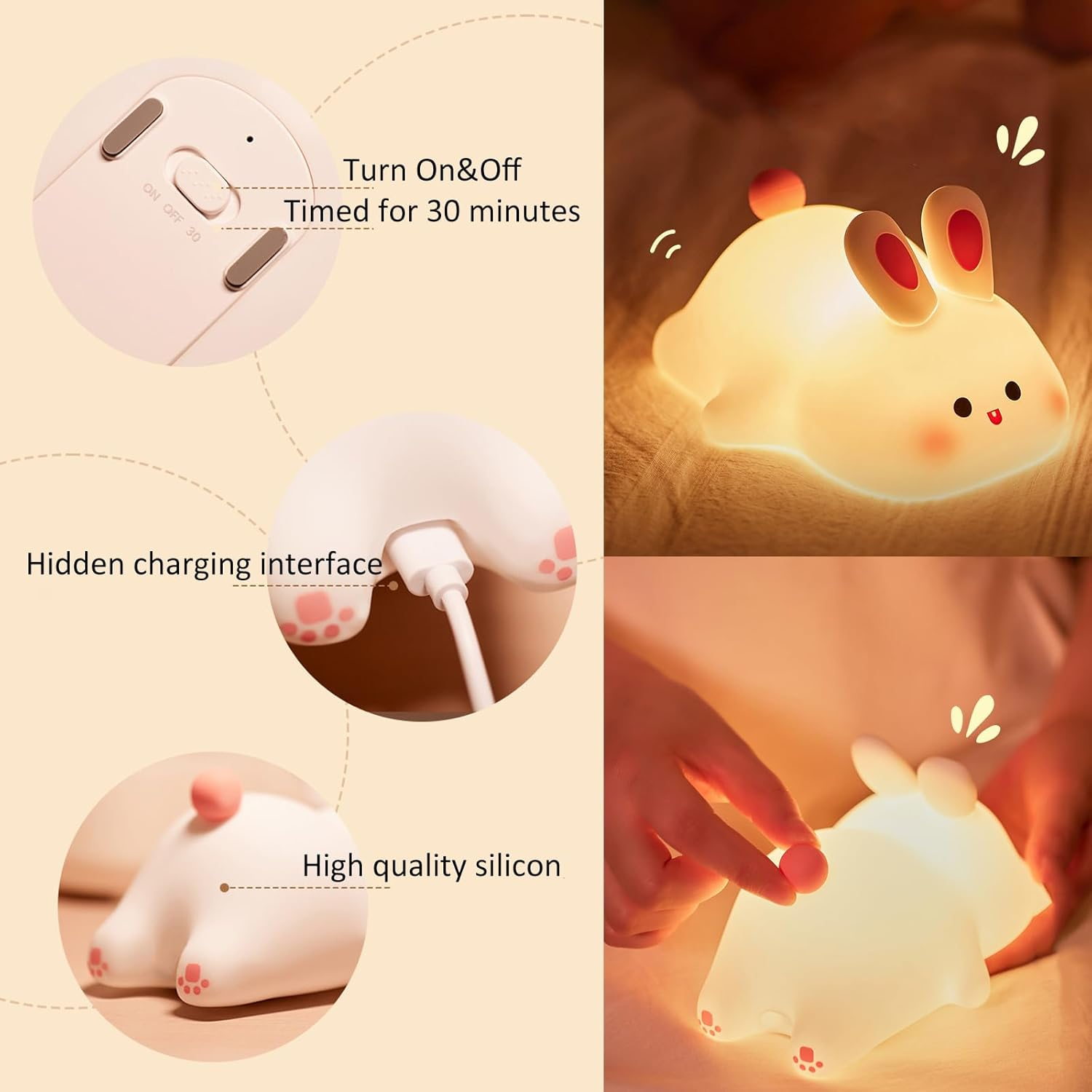 Shgarden Big Face Rabbit Night Light Cute Silicon Bunny Gifts 3 Level Dimmable Squishy Nightlight Rechargeable Bedside Touch Soft Lamp for Nursery Breastfeeding Bedroom Living Room SH0091 image number 1