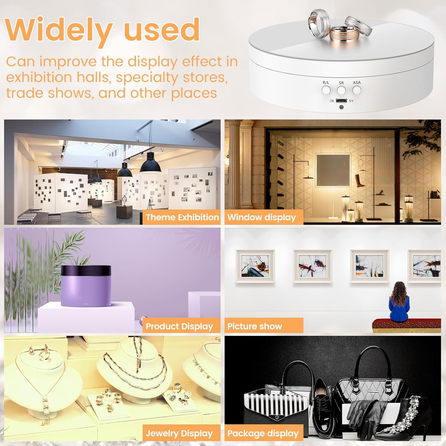 Rotating Display Stand 360&deg; Rotation Electric Rotating Turntable Speed and Direction Adjustable Turntable Display Stand with Low Noise for Jewelry/Photography Products/Watch/Cup and Ect. (White) - White image number 4