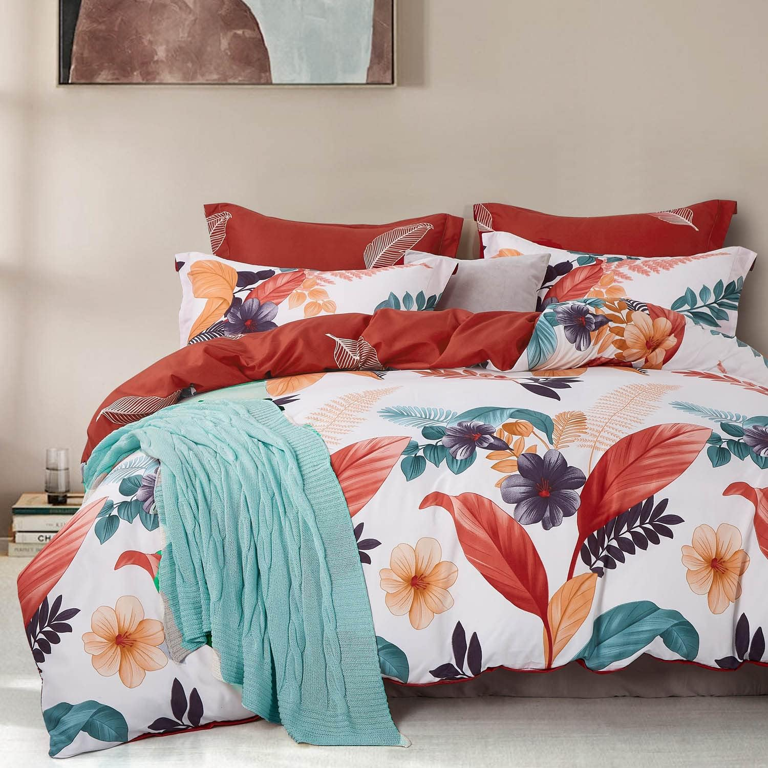 Palila Tropical Quilt Cover, Red Orange Teal Green Multiple Colors, 3Pcs King Tropical Leaf Floral Quilt Cover Set (King Size )