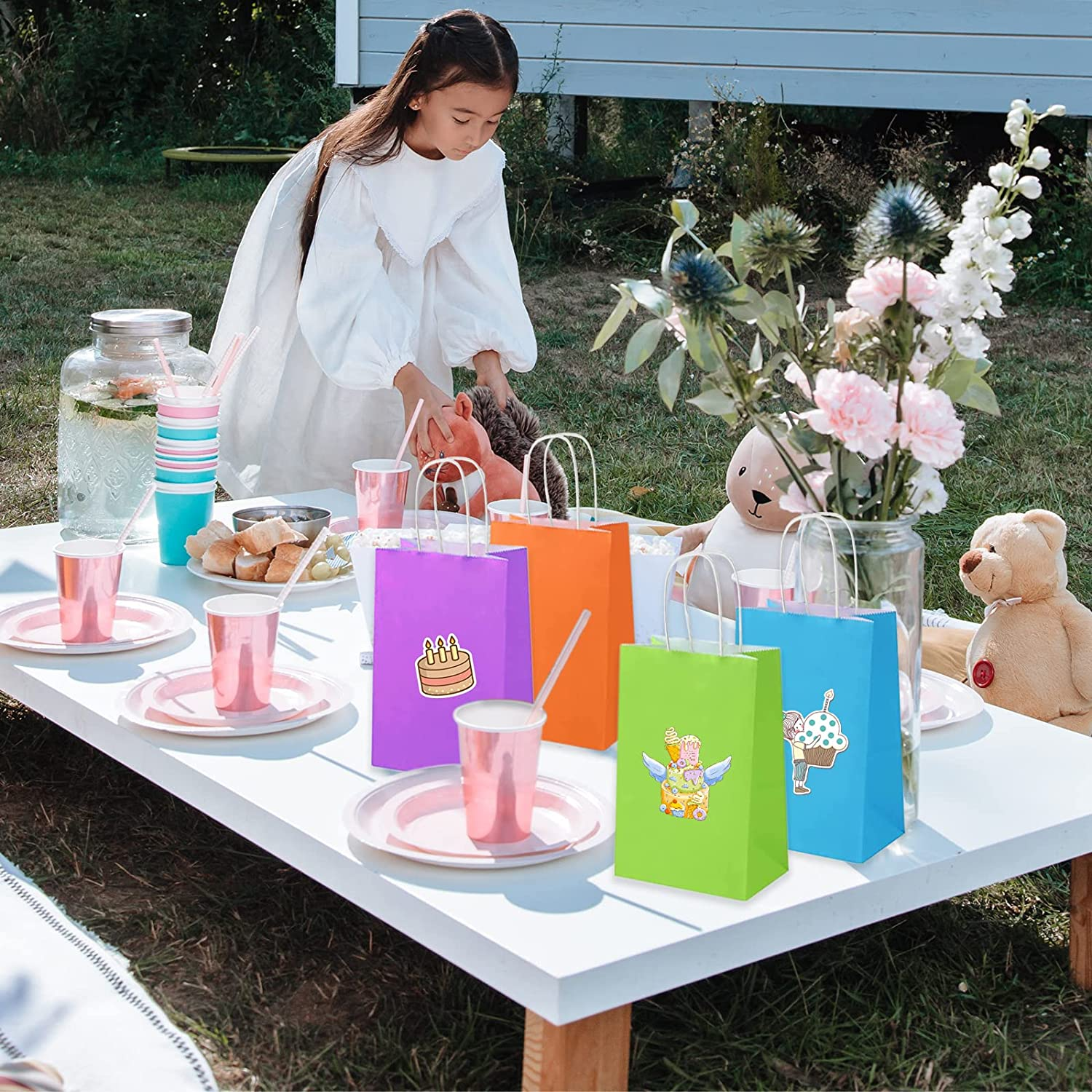 24PCS Small Party Favor Paper Gift Bags with Handles 6 Assorted Rainbow Colors Party Bags Kraft Paper Bags for Wedding Brithday Parties 15 * 8 * 21Cm/5.9 * 3.15 * 8.26In image number 3