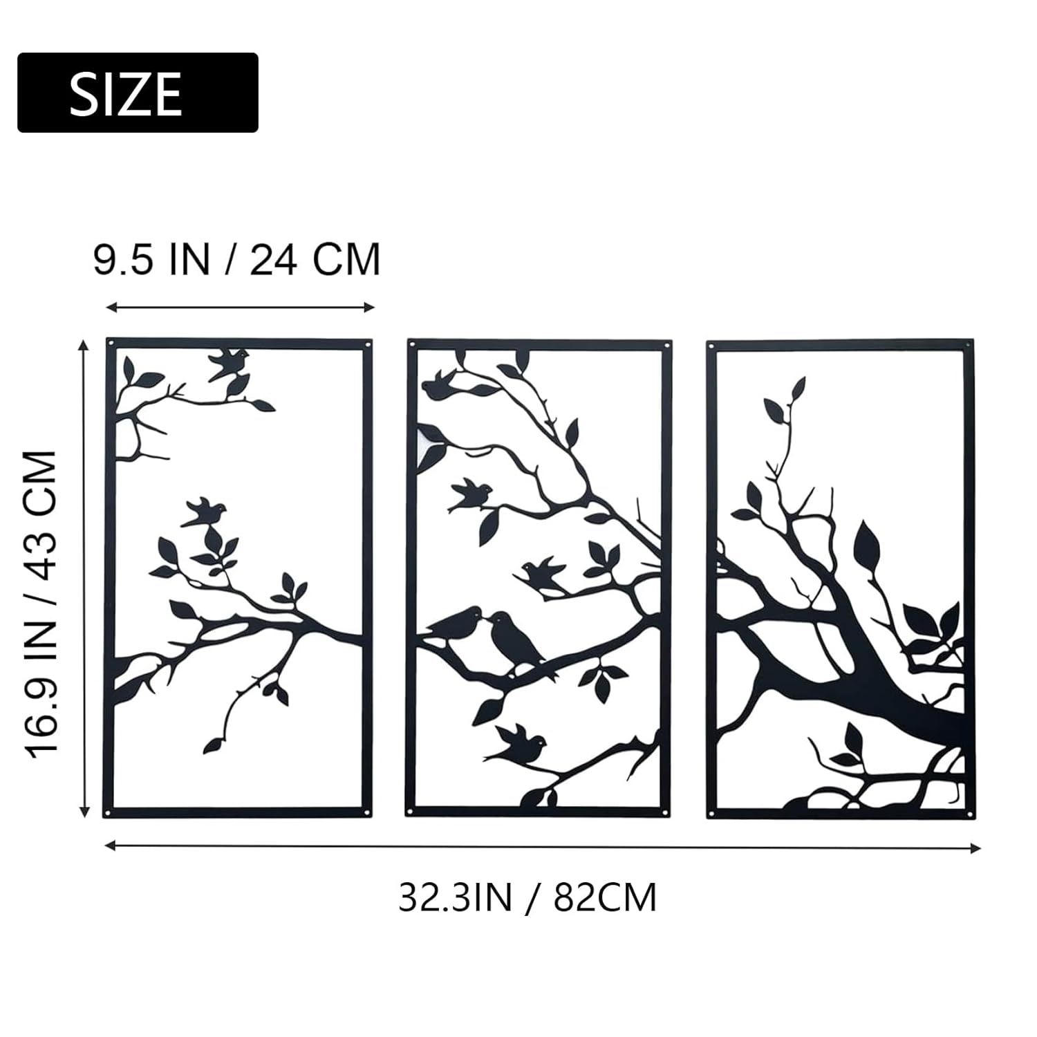 3 Pcs Birds on Branch Large Metal Wall Art Decor,Black Tree of Life Silhouette Sculpture,Leaves with Birds Metal Ornament Hanging Sign for Home Garden Office Living Room Indoor Outdoor image number 6
