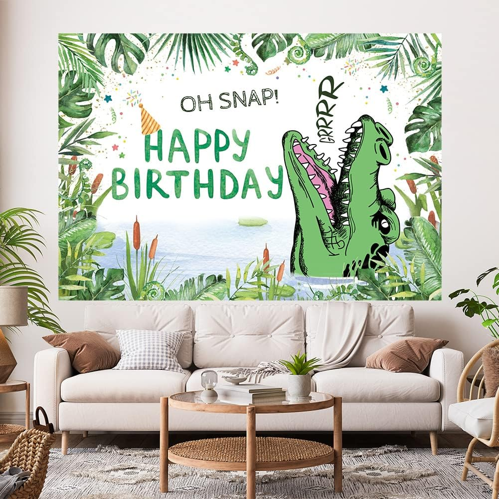 Hilioens 7&times;5Ft Crocodile Birthday Backdrop Cartoon Crocodile Kids Boys Birthday Party Decorations Green Leaf Oh Snap Background Banner Supplies