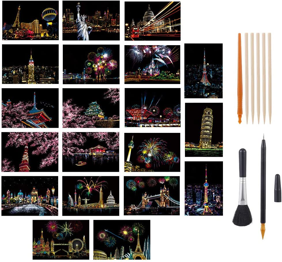 20 Sheets Rainbow Night View Scratch Paper for Arts and Crafts Famous City Landmarks Tool Kit A5 Size