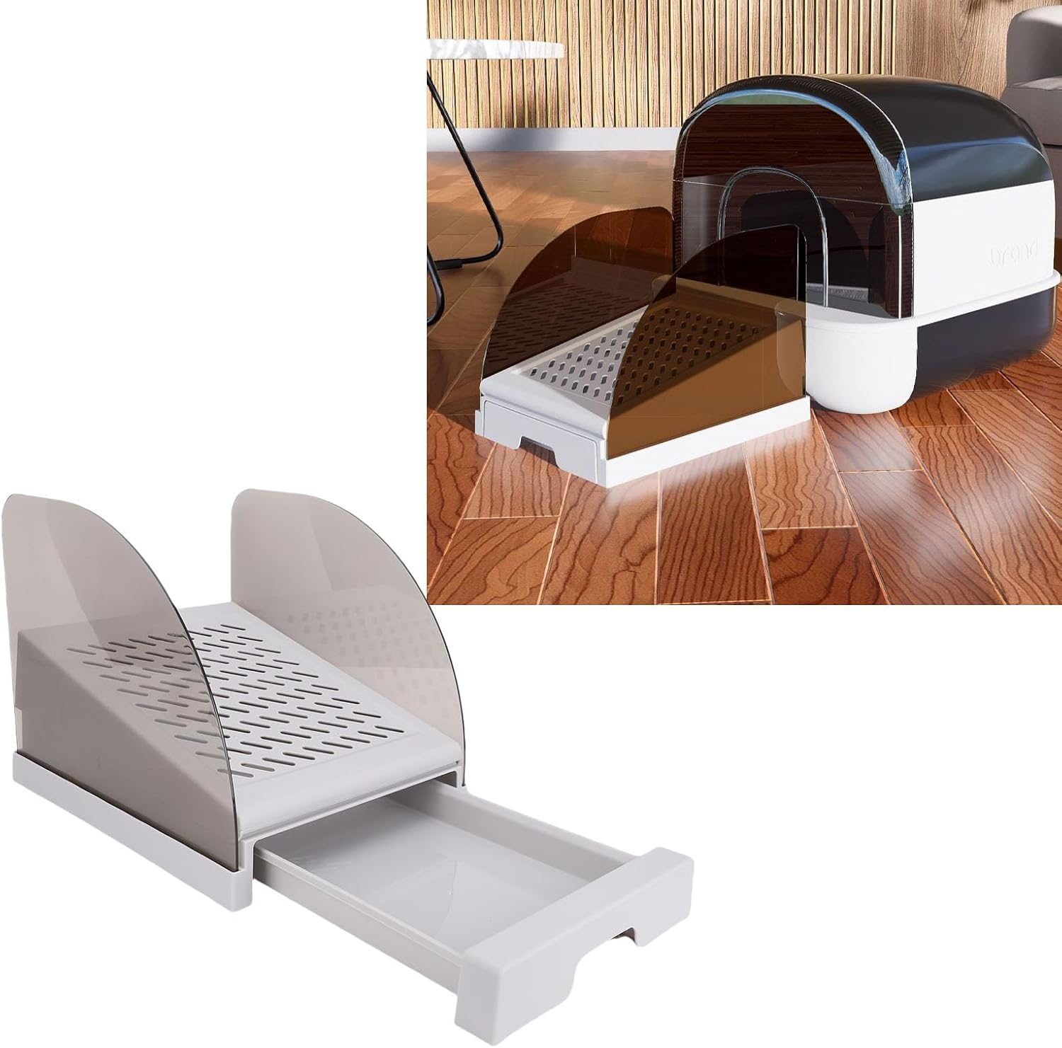 Cat Litter Box Ramp, Adjustable Height Litter Box Step Tool with Drawer and Baffles, anti Tracking and Easy to Clean, Elevated Stairs Easy Entry for Small Elderly Cats (Grey) - White image number 3