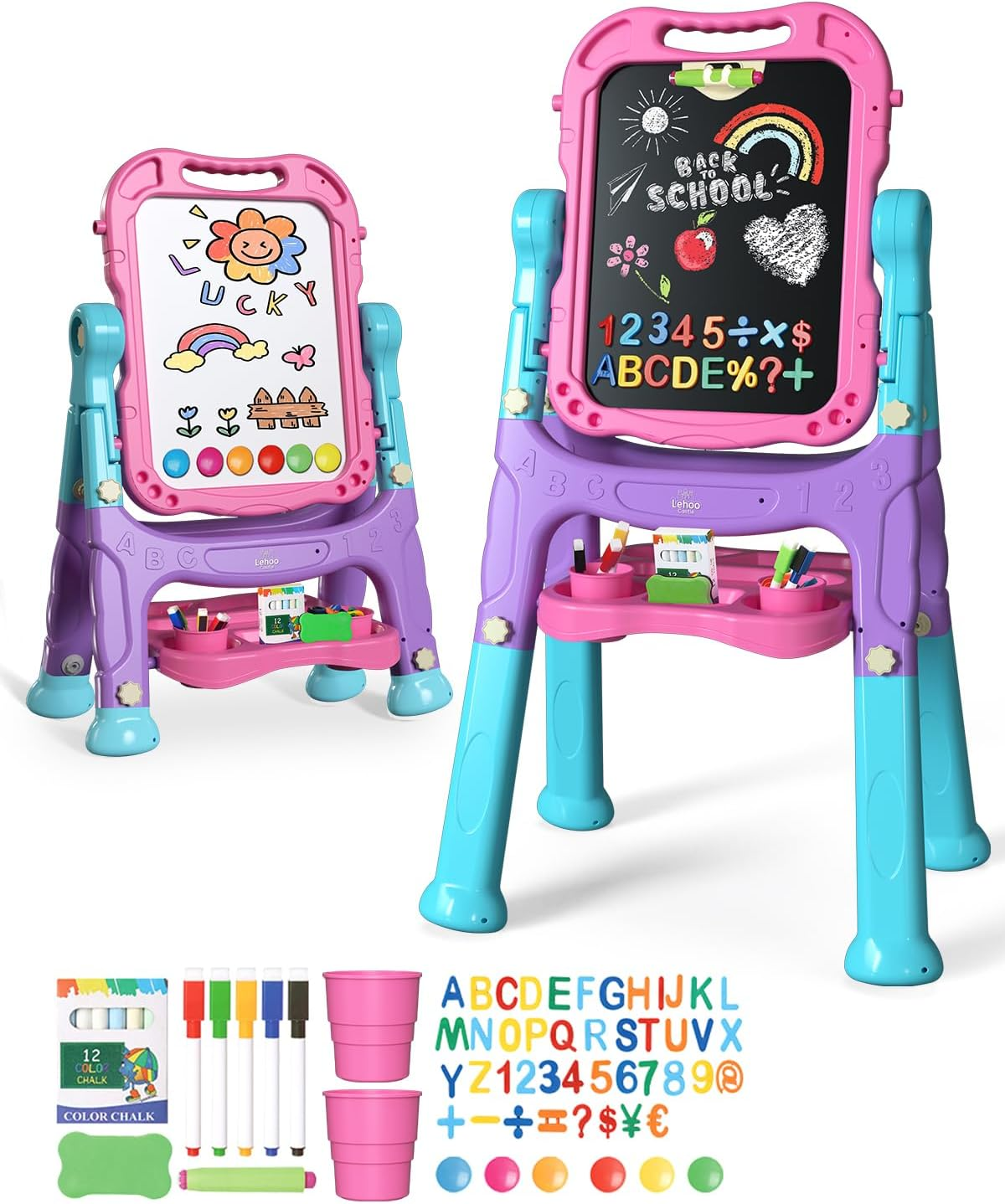 Lehoo Castle 4 in 1 Easel Set for Kids, Kids' Art Easels Height Adjustable, White & Black Board Double Side 360&deg; Rotation, Chalk and Magnet Available with Writing and Drawing Supplies (Purple)