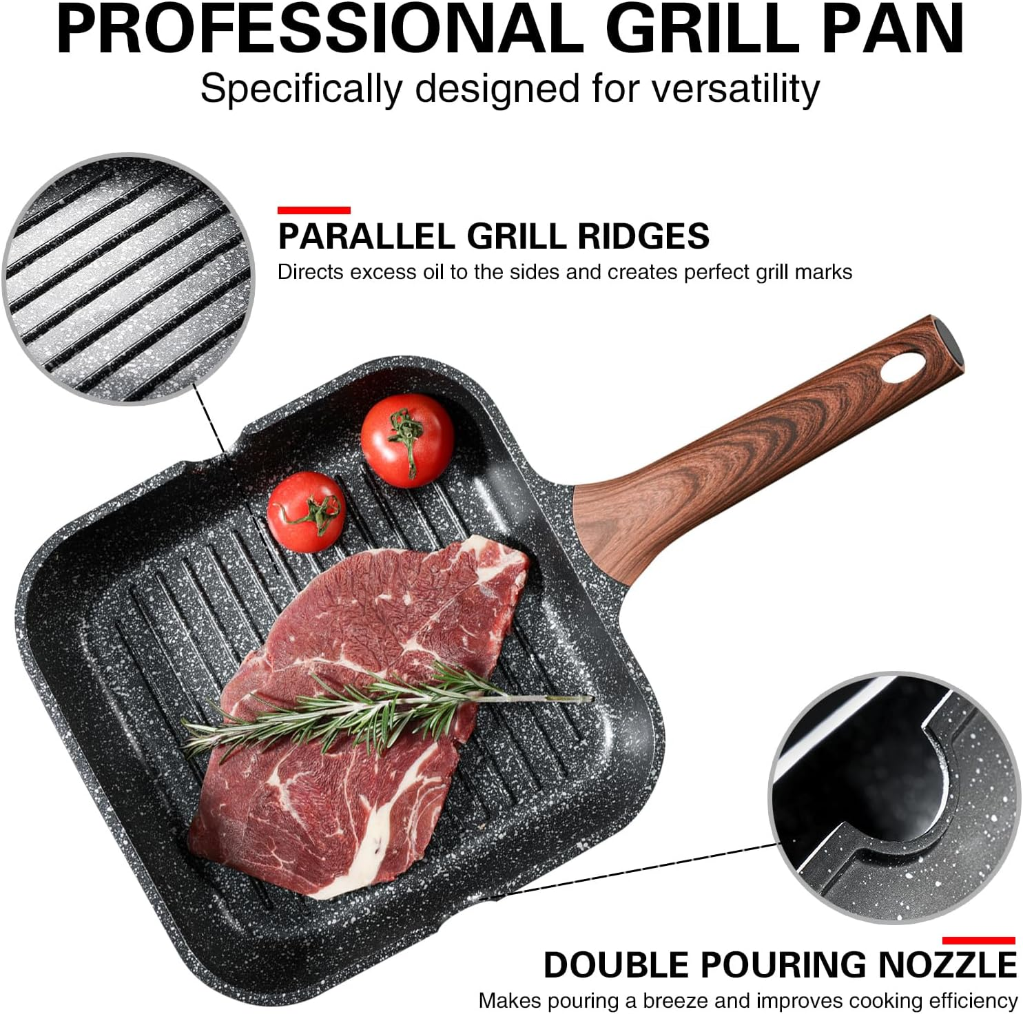 Kordisen Nonstick Grilling Pan for Stove Tops, 11 Inch Square Grill Pan for Indoor Cooking, Granite Coating Grill Skillet with Pour Spouts, Versatile Griddle, Induction Steak Pan, PFOA Free image number 6