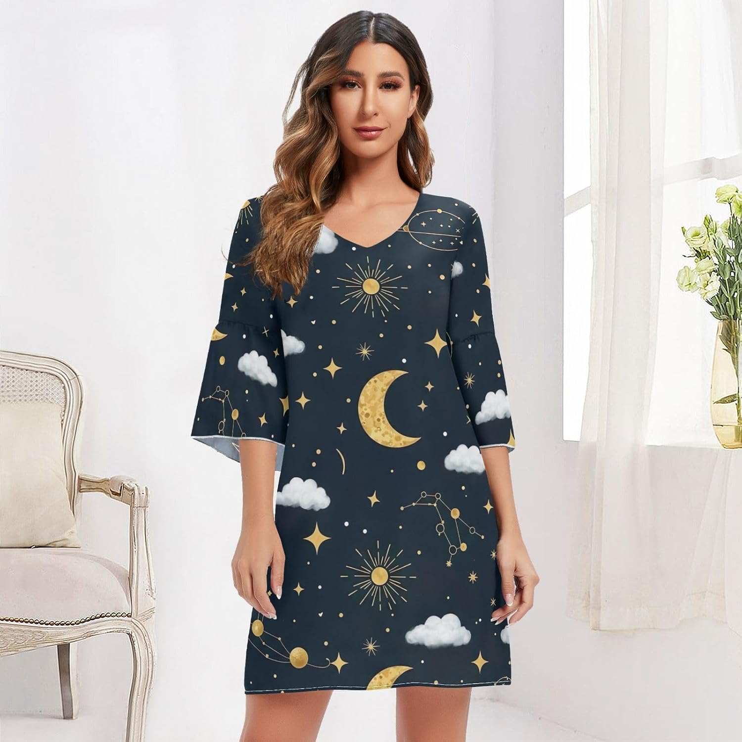 Gold Moons Stars Black Western a Line Dress Printed Maternity Dress Party image number 4