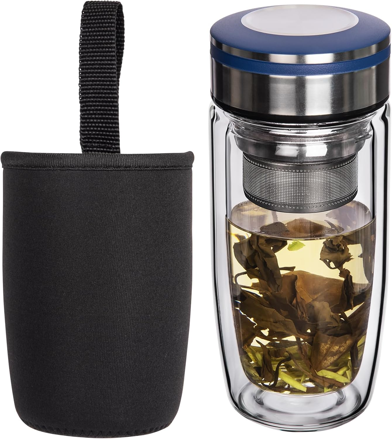 13Oz Double Wall Glass Water Bottle with Tea Infuser, Tea Tumbler with Strainer,Reusable Travel Mug with Neoprene and Stainless Steel Lid