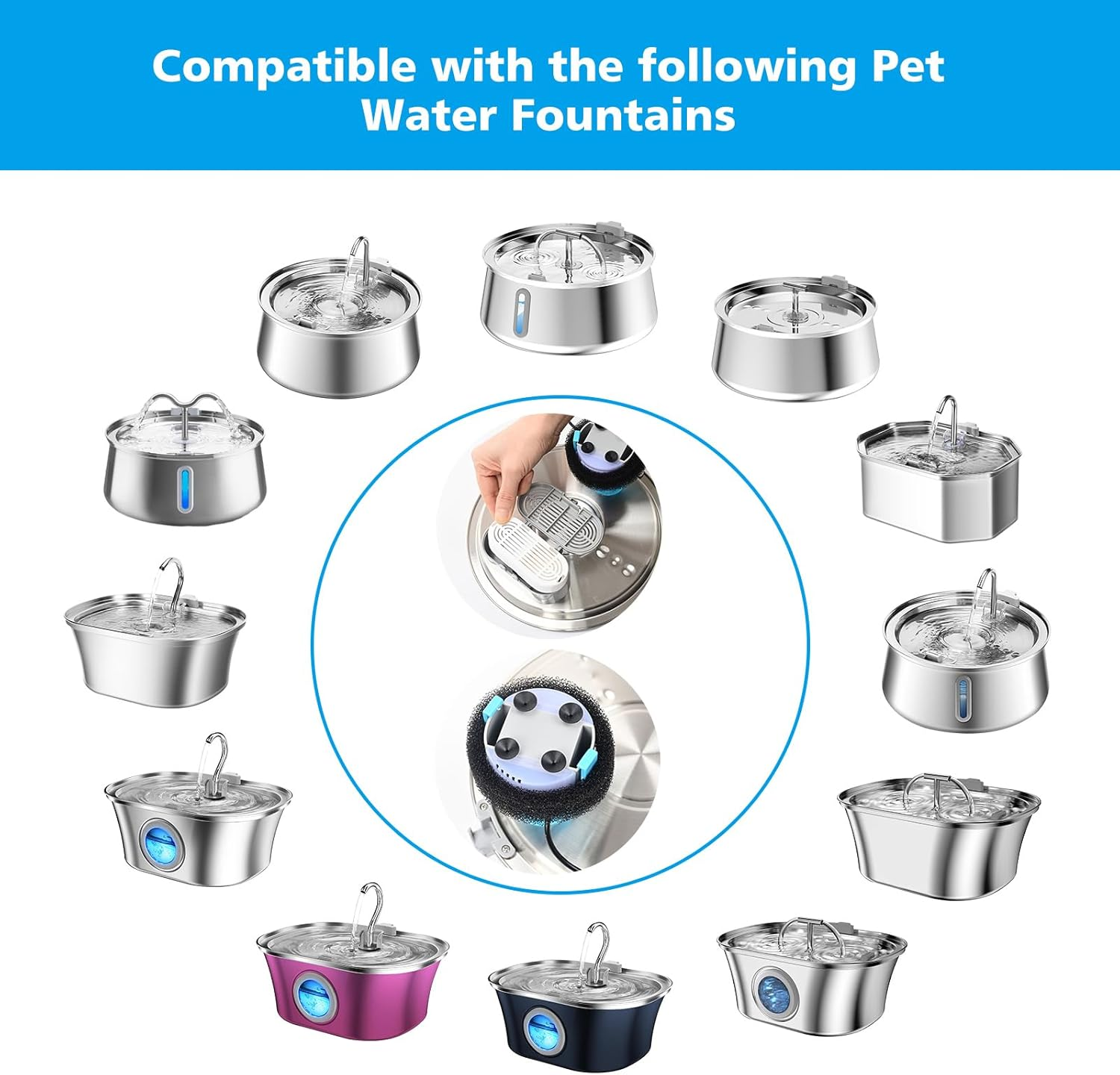 Cat Water Fountain Filter,Cats Fountain Filter Replacement Filters for 3.2L/108Oz Cat Drinking Fountain and 4L/134Oz Stainless Steel Pet Fountain,Pet Water Fountain Filter with Pre-Filter Sponges