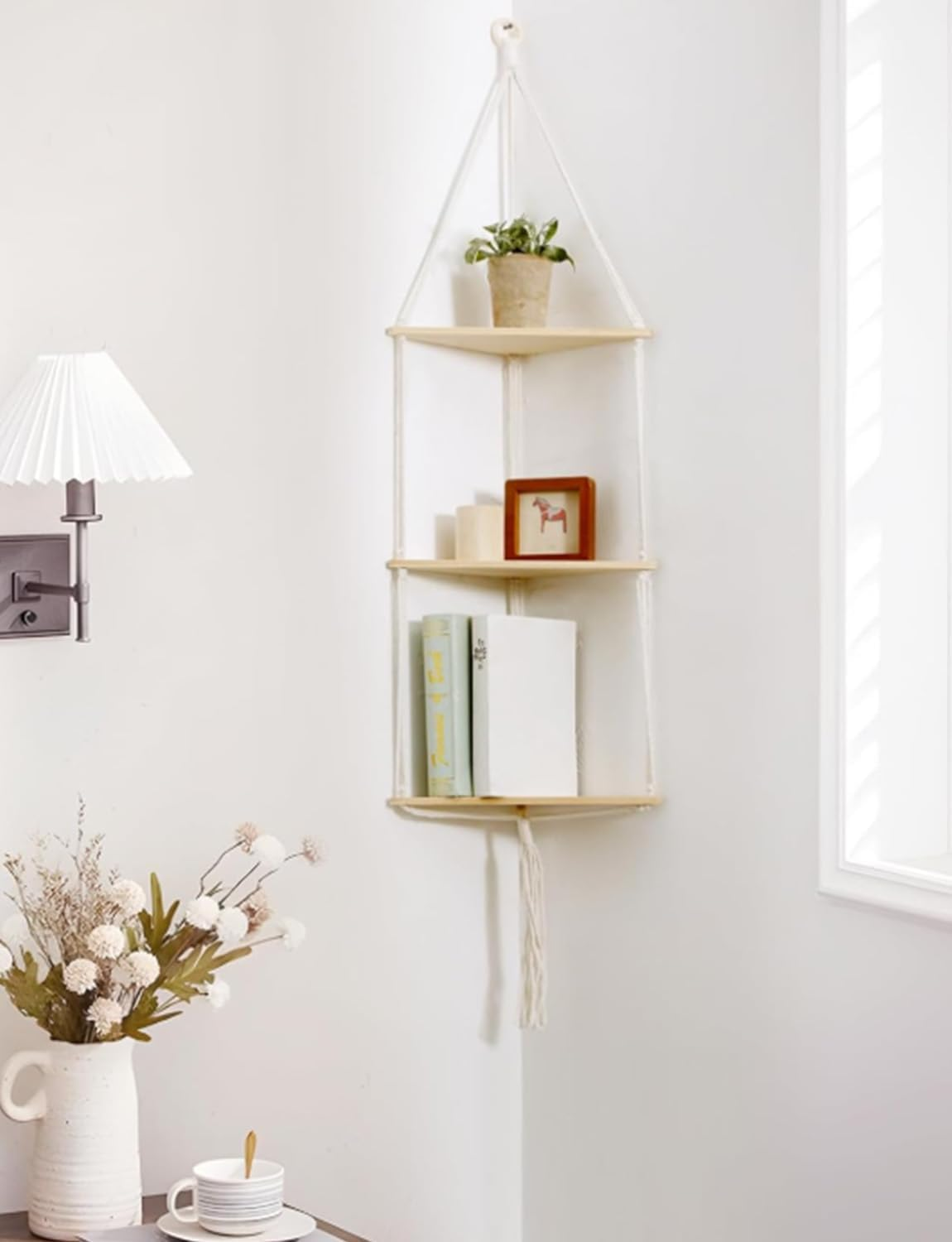 White Corner Floating Shelves Wall Hanging,3 Tier Corner Shelf Plant Wall Decor Boho Rustic Wooden Storage Orgnizer for Bedroom Living Room Pots Photos image number 2
