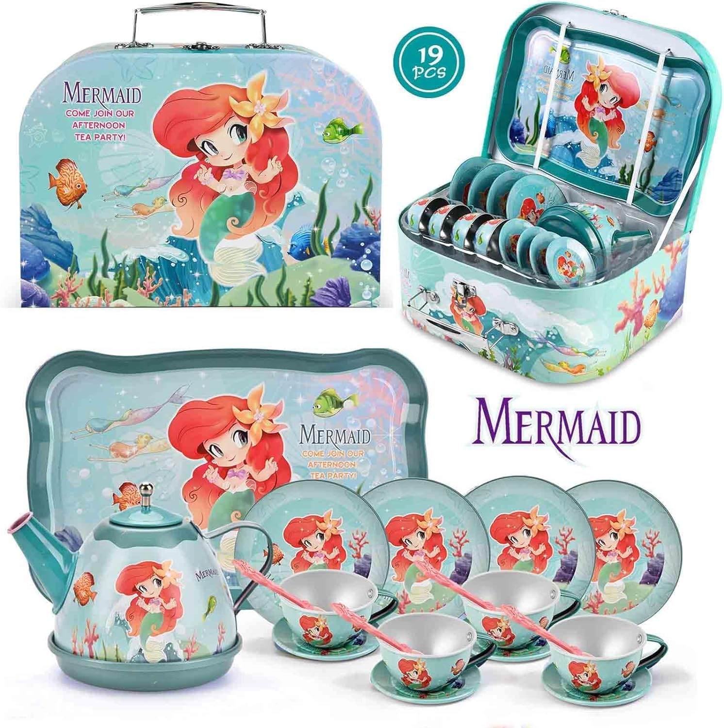 Mermaid Tea Party Set for Little Girls, Kids Party Set Toys for 3-6 Year Olds, Pretend Toy Tin Tea Set & Carrying Case, Princess Tea Time Kitchen Play Toys, Birthday Gifts image number 6