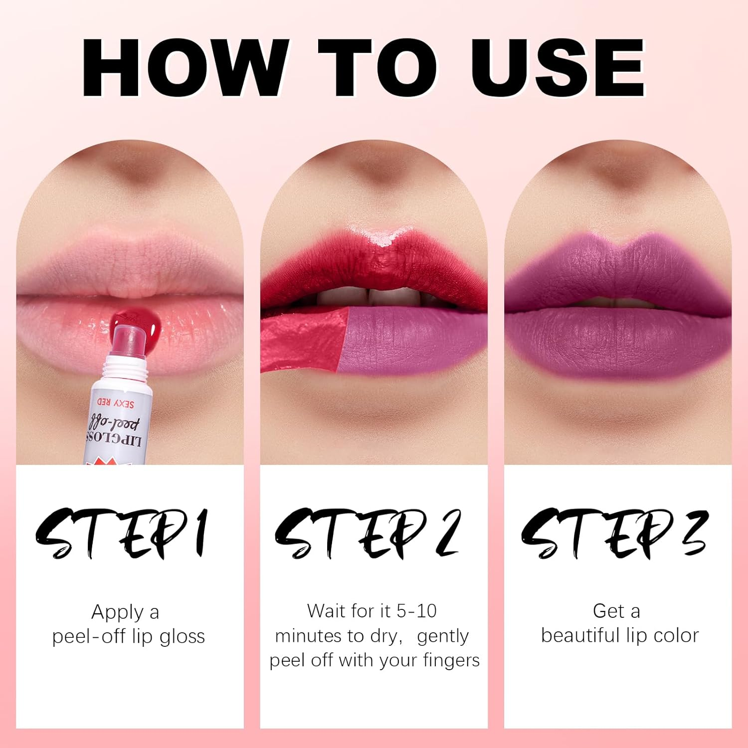 3 Colors Peel off Lip Stain, Long Lasting Lip Tint Stain, Waterproof Matte Lip Gloss, Nonstick Cup Lip Stain Makeup, Tattoo Magic Color Lip, Peel Reveal Lip Tint Makeup for Women (#01+#02+#04) image number 5