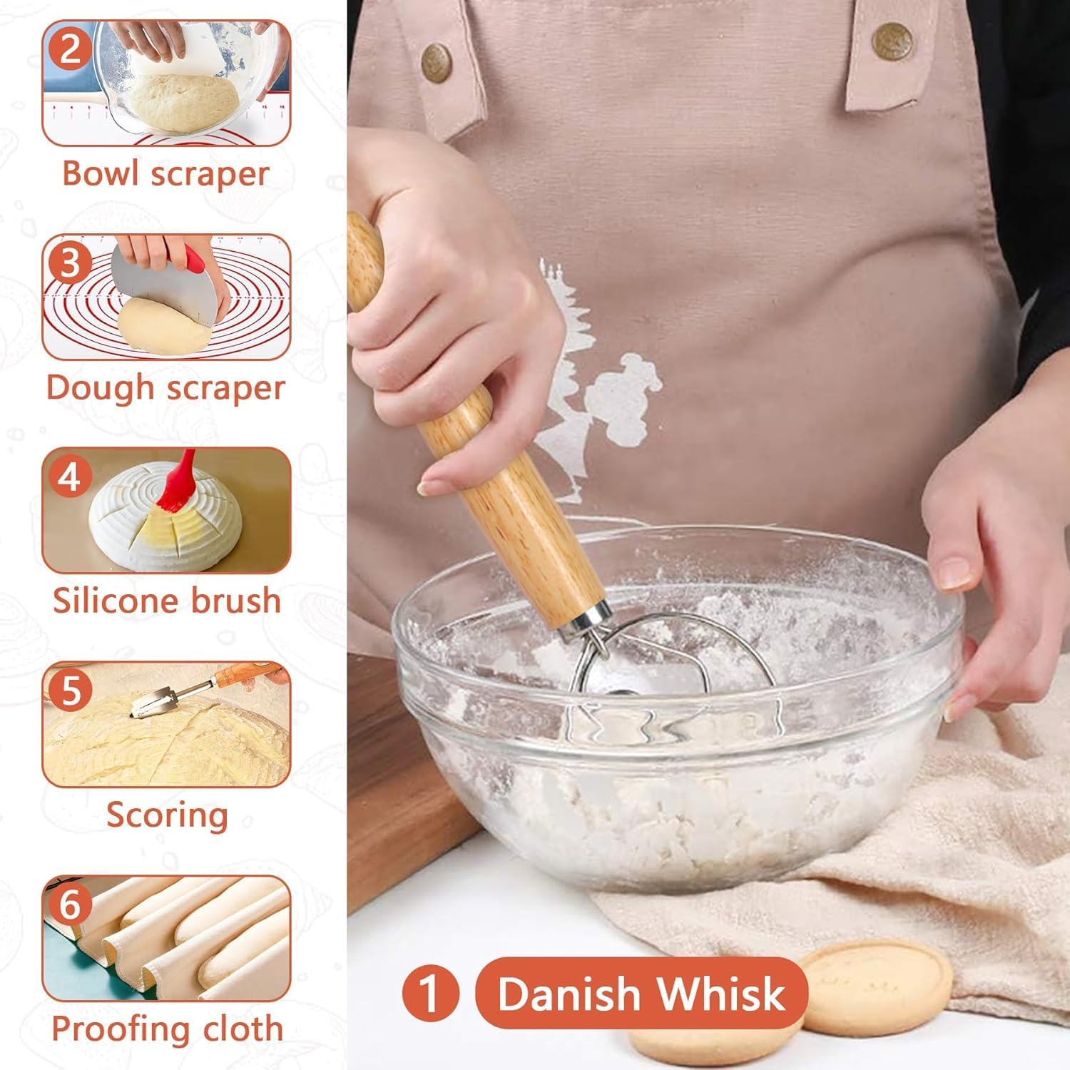 Sourdough Starter Kit,Natural Rattan Bread Proofing Basket,18-Piece Set Banneton Proofing Basket with round & Oval Rattan Proofing Baskets,Sourdough Kit with the Necessary Tools image number 4