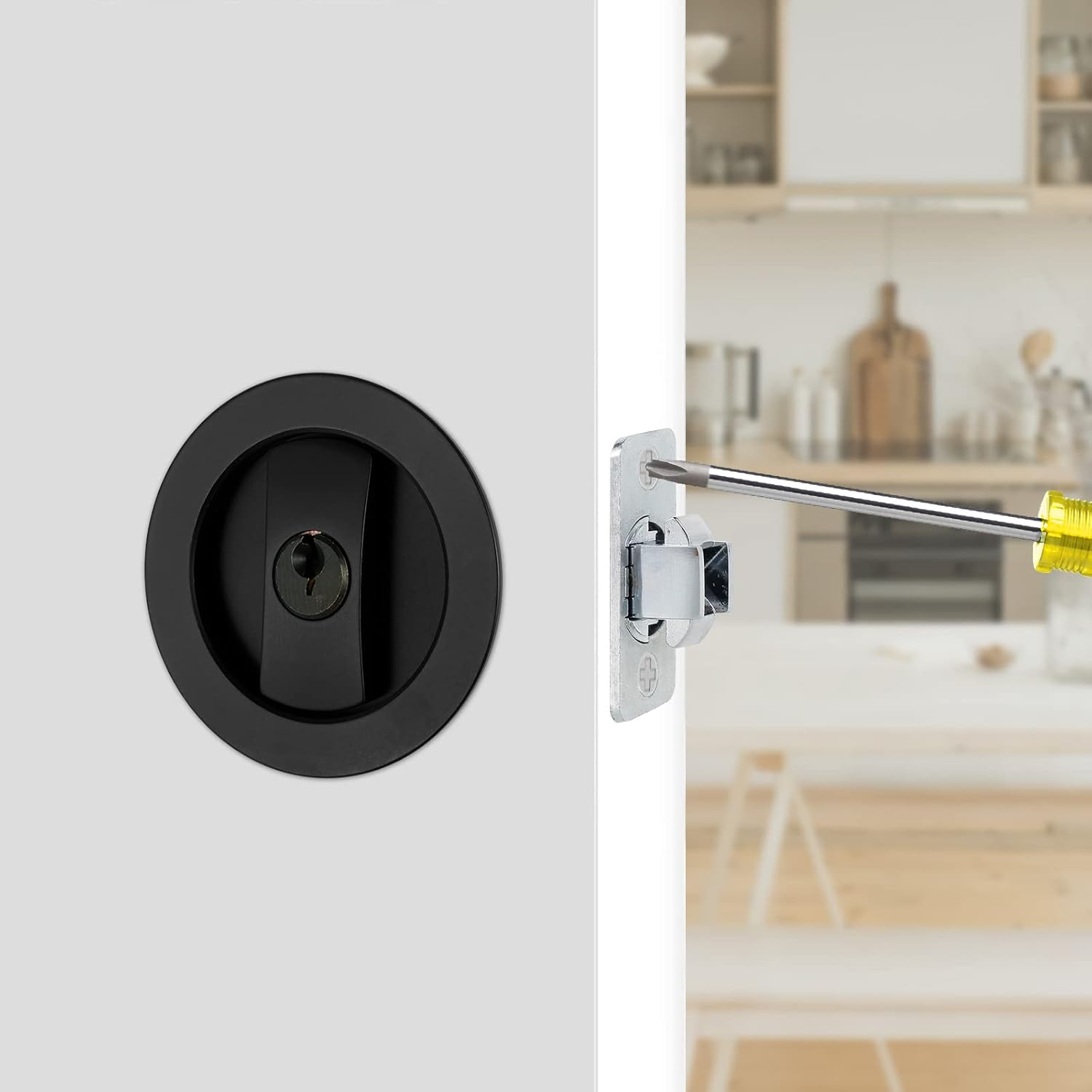 Bed/Bath Pocket Door Lock and Pull round Privacy Door Lock with Key Recessed 2 Sided Invisible Sliding Door Locks Hardware for 1 3/8 Inch to 1 15/16 Inch Thickness Door (Black) - Black image number 3