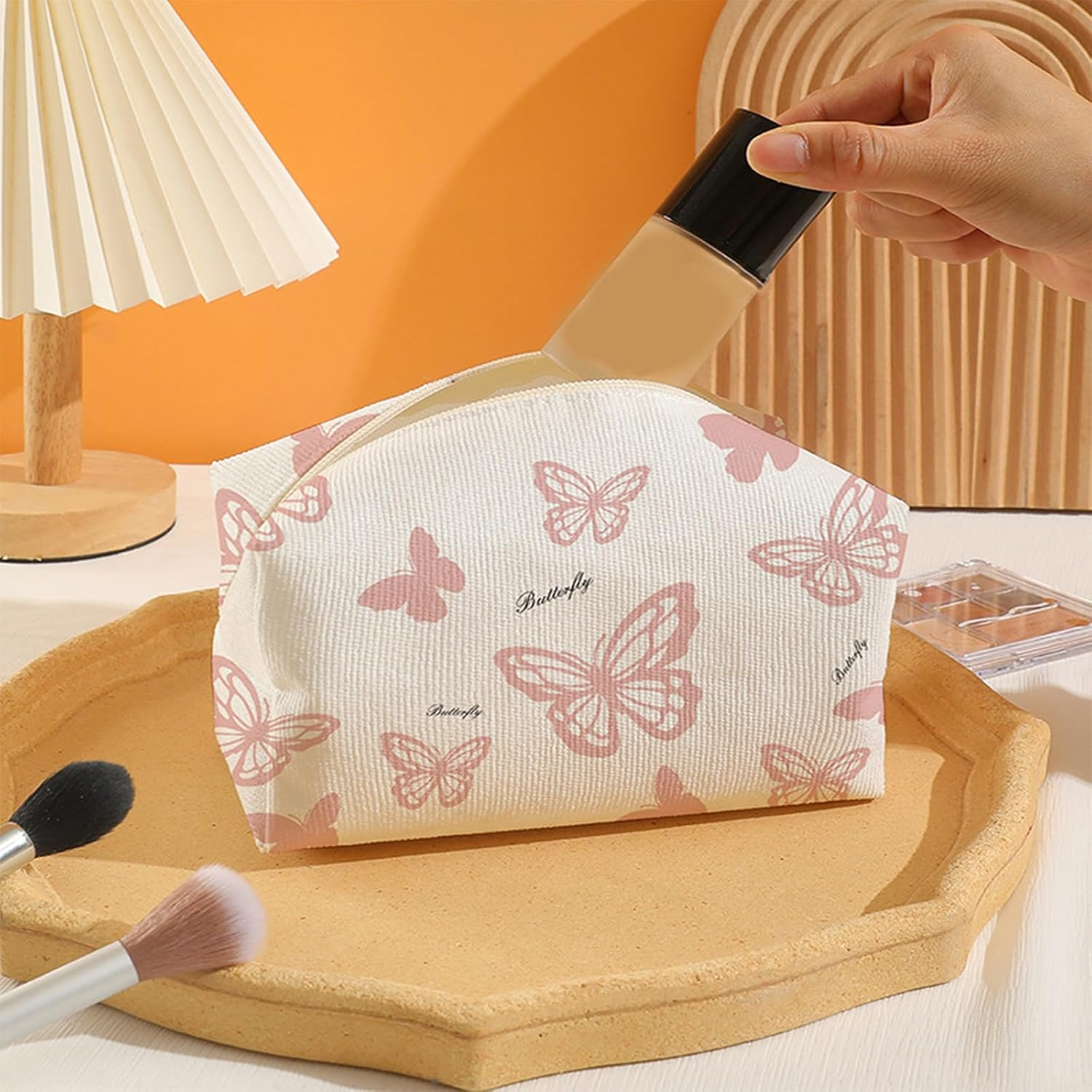 Small Makeup Bag for Purse Corduroy Makeup Bag Travel Makeup Pouch Mini Cosmetic Bag for Women (Pink Butterfly,Small) - Figure 3 image number 5