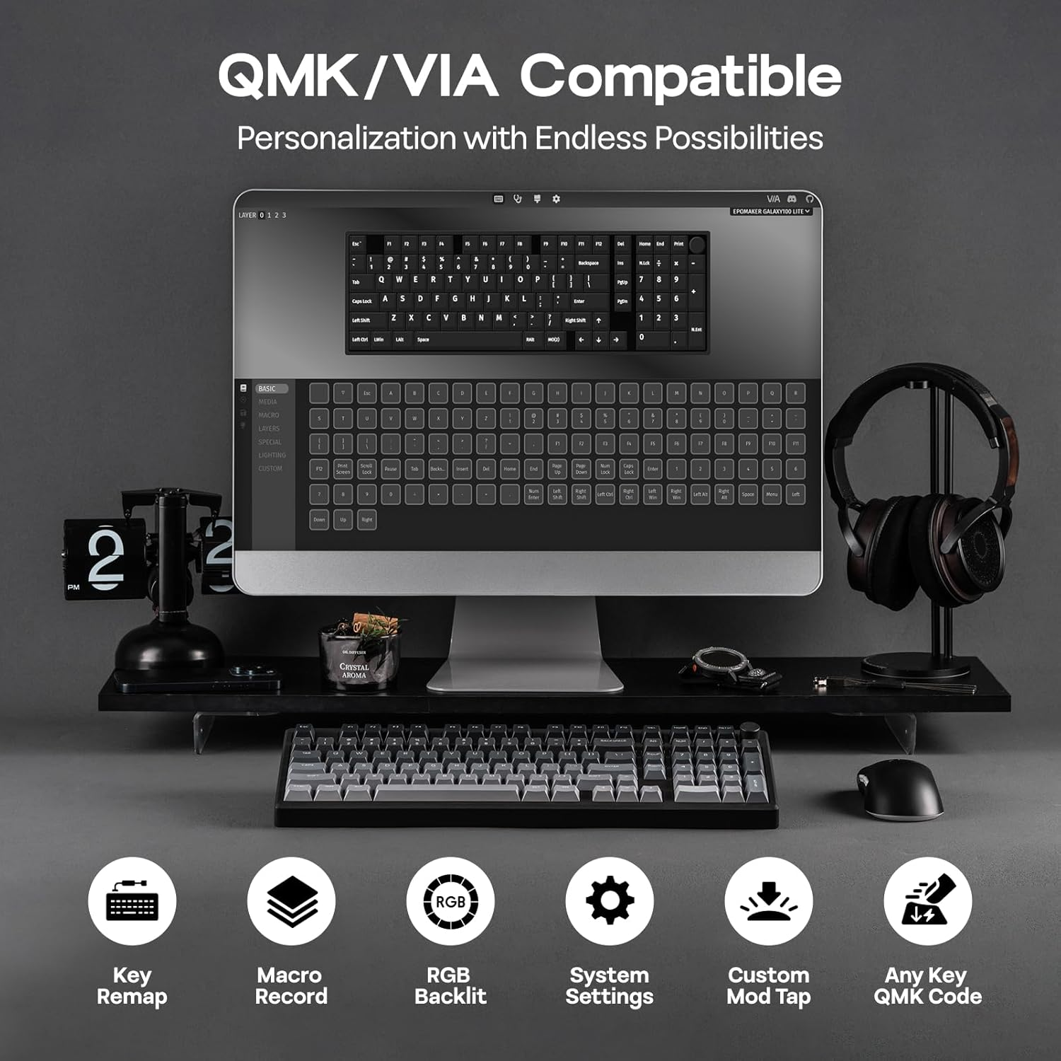 EPOMAKER Galaxy100 Lite QMK/VIA Gaming Keyboard with 8000Mah Battery and Numpad, 1800 Aluminum Mechanical Keyboard, Usb-C/Bt/2.4Ghz, Hot-Swap, Creamy Sound (Black, Wisteria Linear Switch)