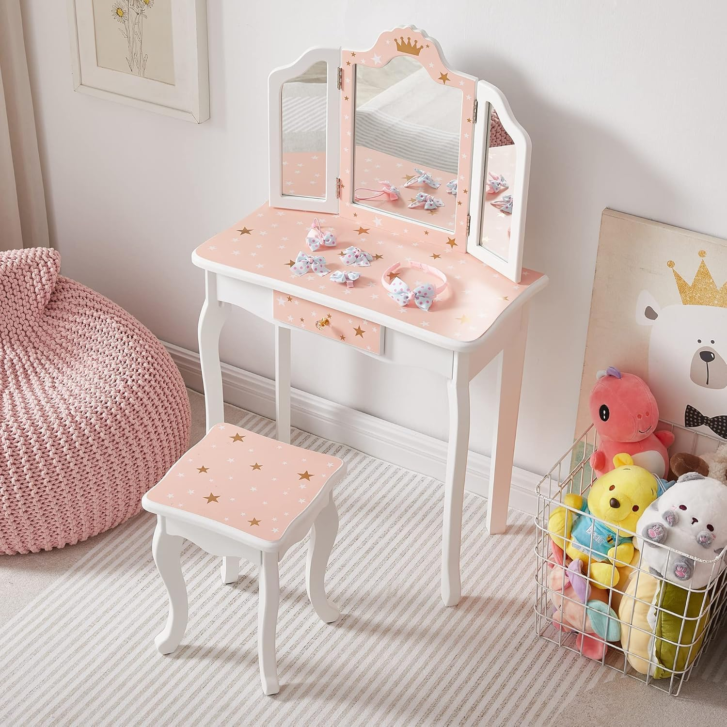 Kids Vanity Table and Chair Set, Princess Makeup Dressing Table with Detachable & Tri-Folding Mirror & Drawer, Anti-Tipping, 2 in 1 Kids Dresser for Kids Room, Christmas & Birthday