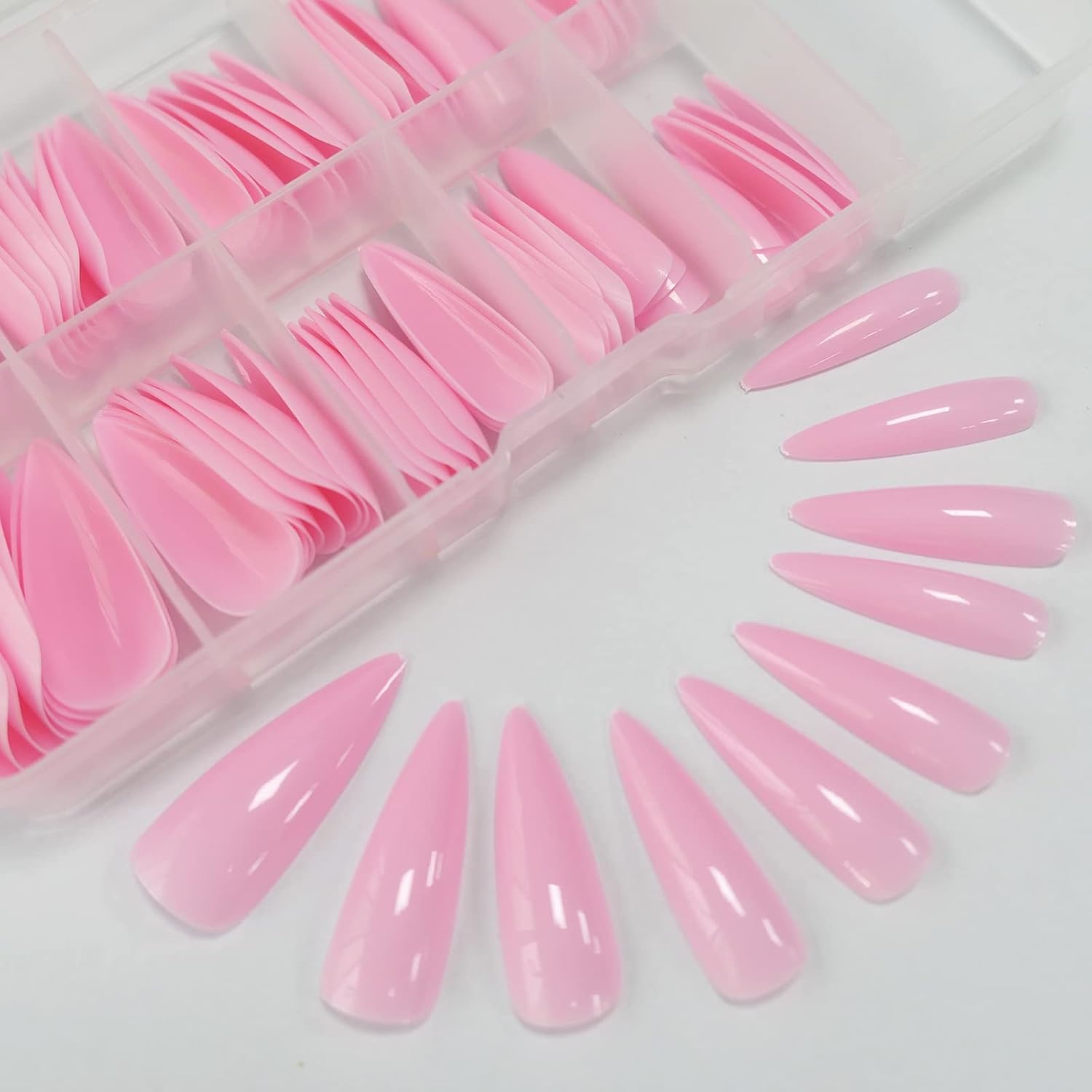 Medium Long Press on Nails,Glossy Fake Nail 100Pc Full Cover Acrylic Long Stiletto False Nail Art Tips Fingernails for Beginner Women and Girls Manicure(Peach Pink） image number 3