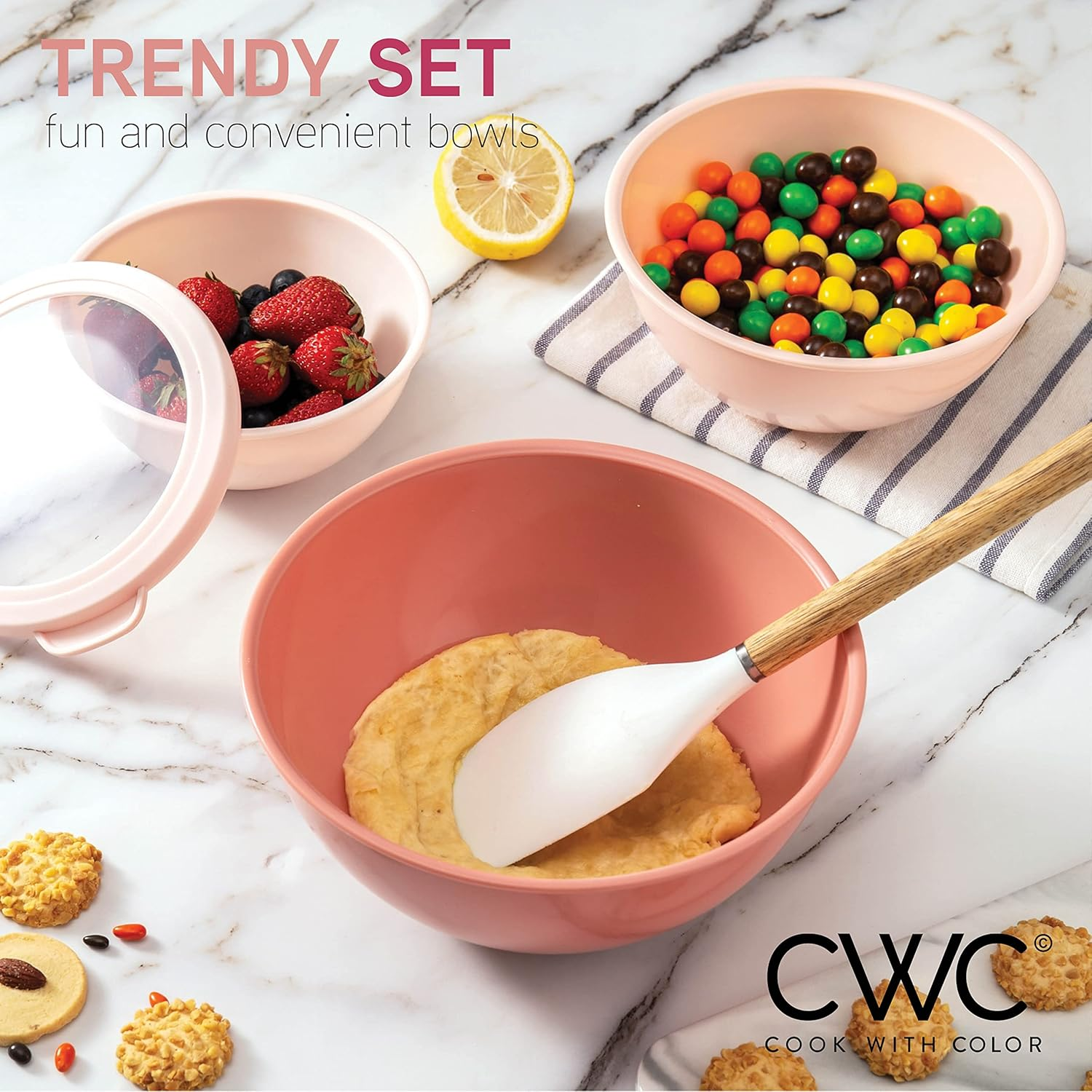 COOK with COLOR Mixing Bowls with TPR Lids - 12 Piece Plastic Nesting Bowls Set Includes 6 Prep Bowls and 6 Lids, Microwave Safe (Rose) image number 5