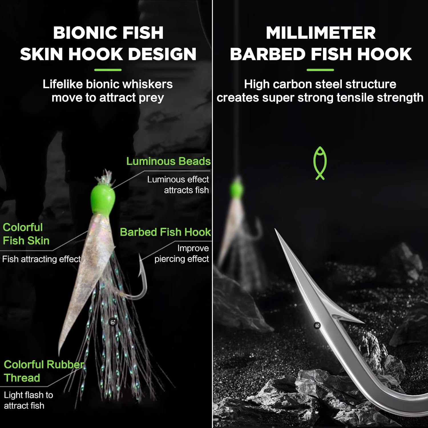 EWEIS 5 Pcs Pre Tied String Fishing Hook with Bionics Lures Bait Rigs,Carbon Steel Barbed 5 Hooks Set with Quick Swivels Snaps and Glow Rigs Beads,Sabiki Flasher Fish Bites Bait for Saltwater