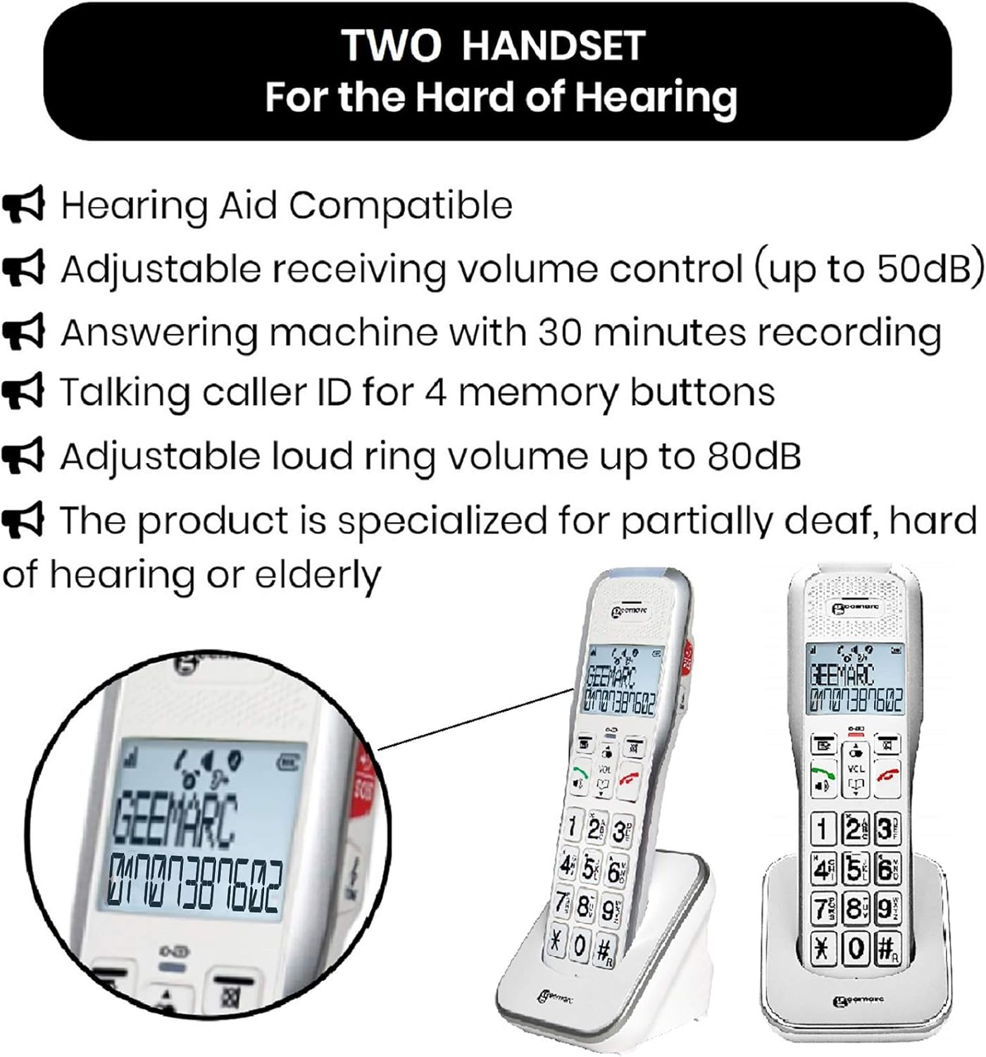 Geemarc Amplidect 595 U.L.E Highly Amplified (50Db) Cordless Phone + Extra Twin Handset - Phone for the Hard Hearing - Hearing Aid Compatible (T-Coil) image number 5