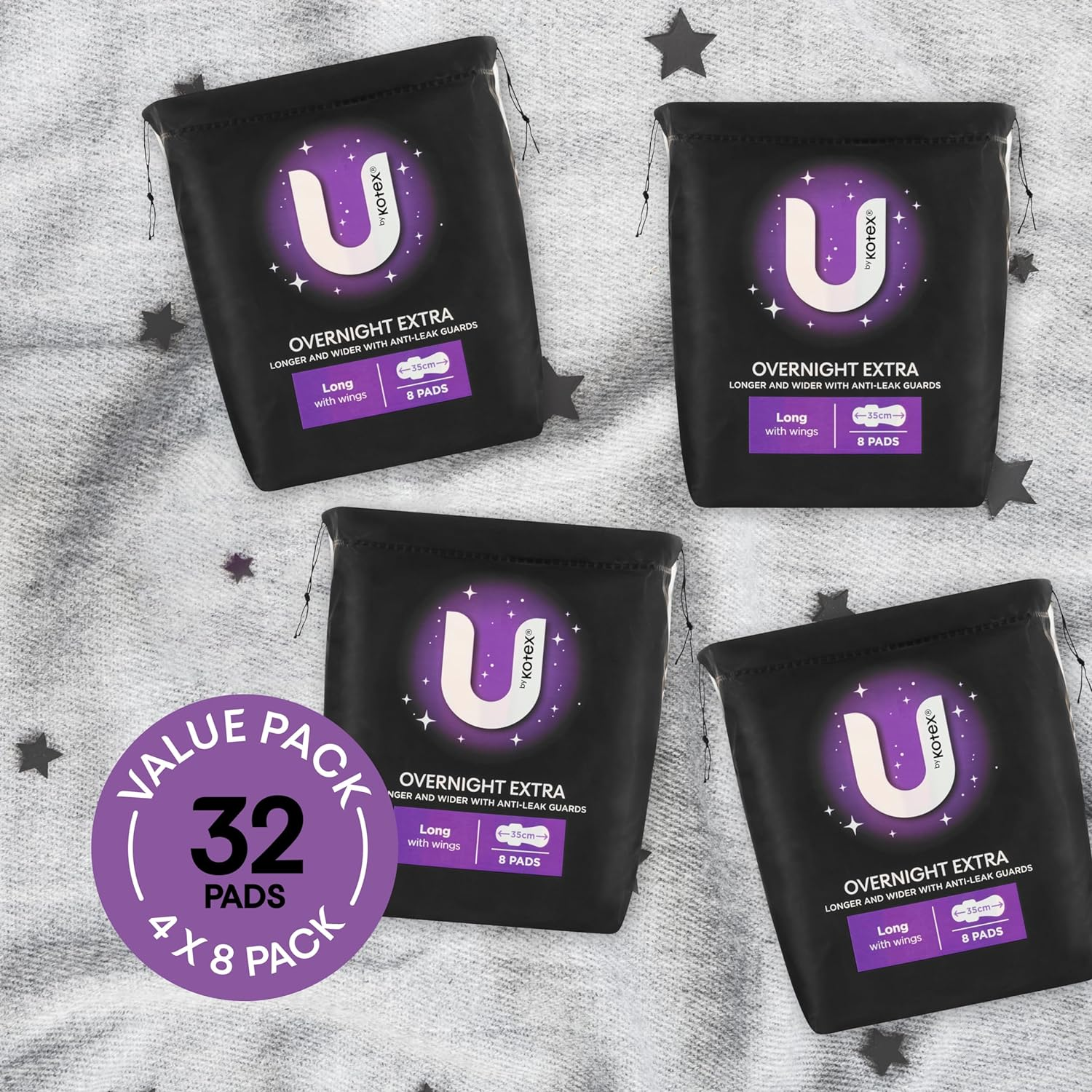 U by Kotex Extra Overnight Pads Long with Wings 32 Pack (4 X 8 Pack) - Packaging May Vary image number 4