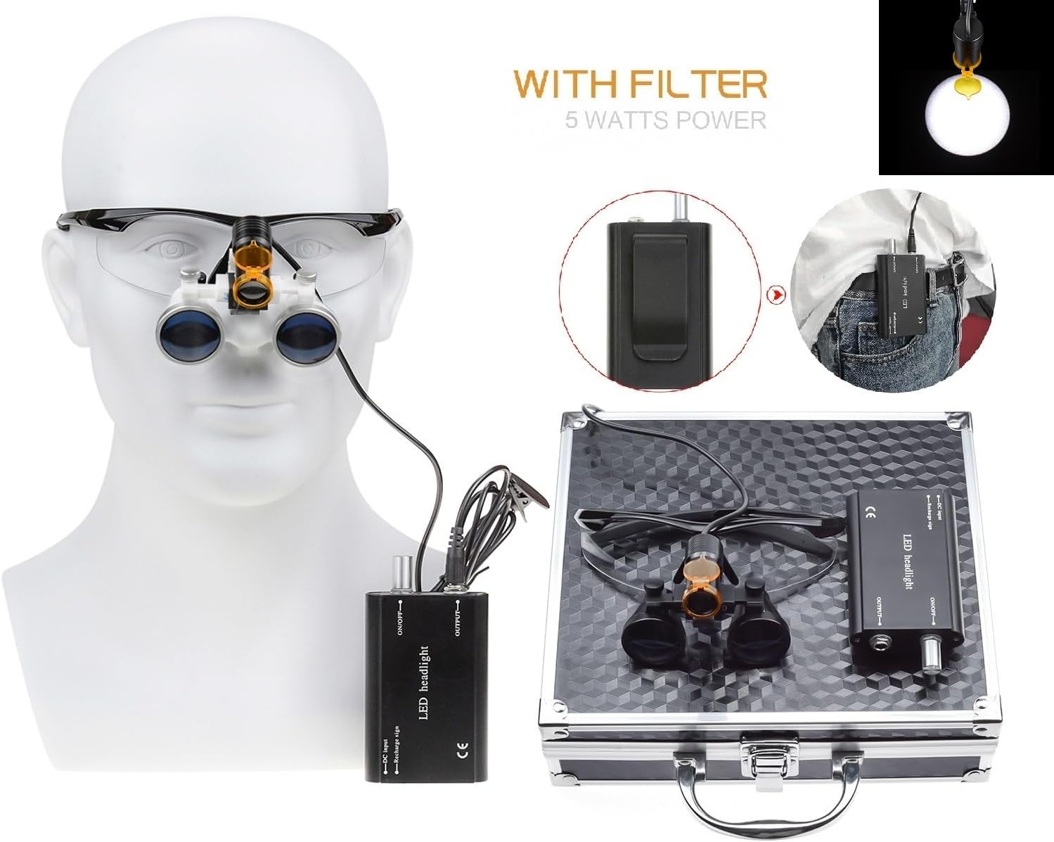 Tankredrug 5W LED Headlight Lamp Filter Belt Clip on 3.5X 420Mm Working Distance Wide View Optical Glass Binocular Loupe with Aluminum Case (Black) image number 2