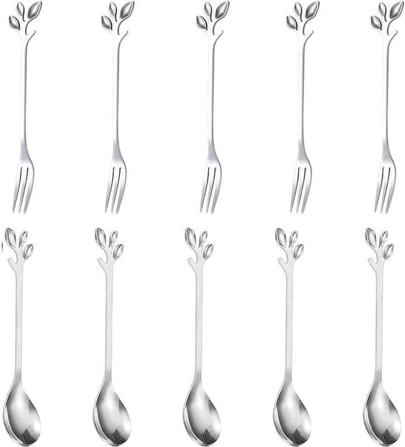 Stainless Steel Leaf Appetizercake Fruit Fork,10Pcs Leaf Handle Small Coffee Spoons and Dessert Fork,Stainless Steel Leaf Coffee Spoon and Fork,Stainless Steelleafcoffeespoonandfruitfork,Silver
