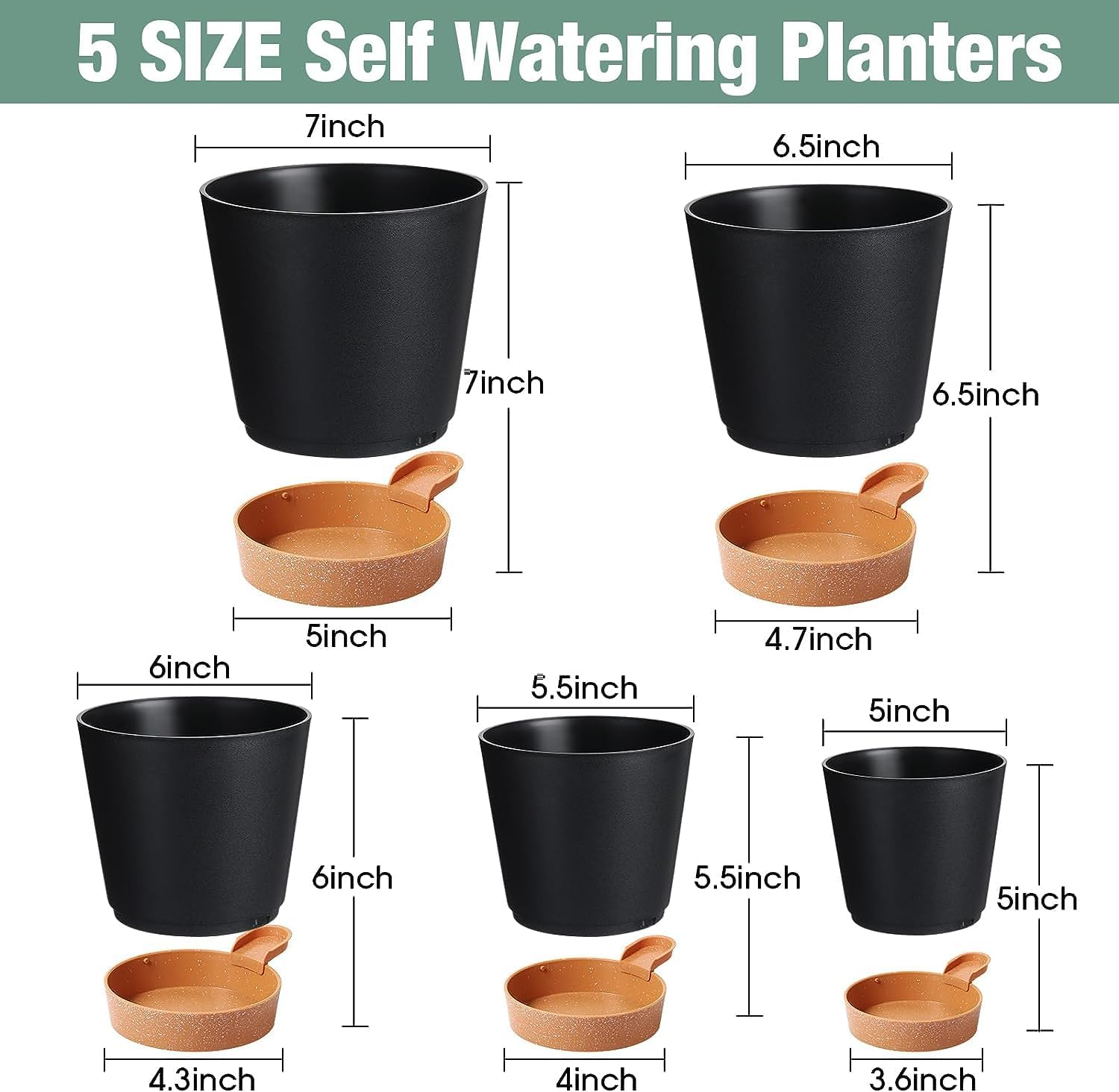 5 Pcs Plant Pots, 7/6.5/6/5.5/5 Inch Self Watering Plant Pots with Drainage Holes,Modern Decorative Plastic Pots for Plants with Drainage Hole and Tray for All House Plants image number 1