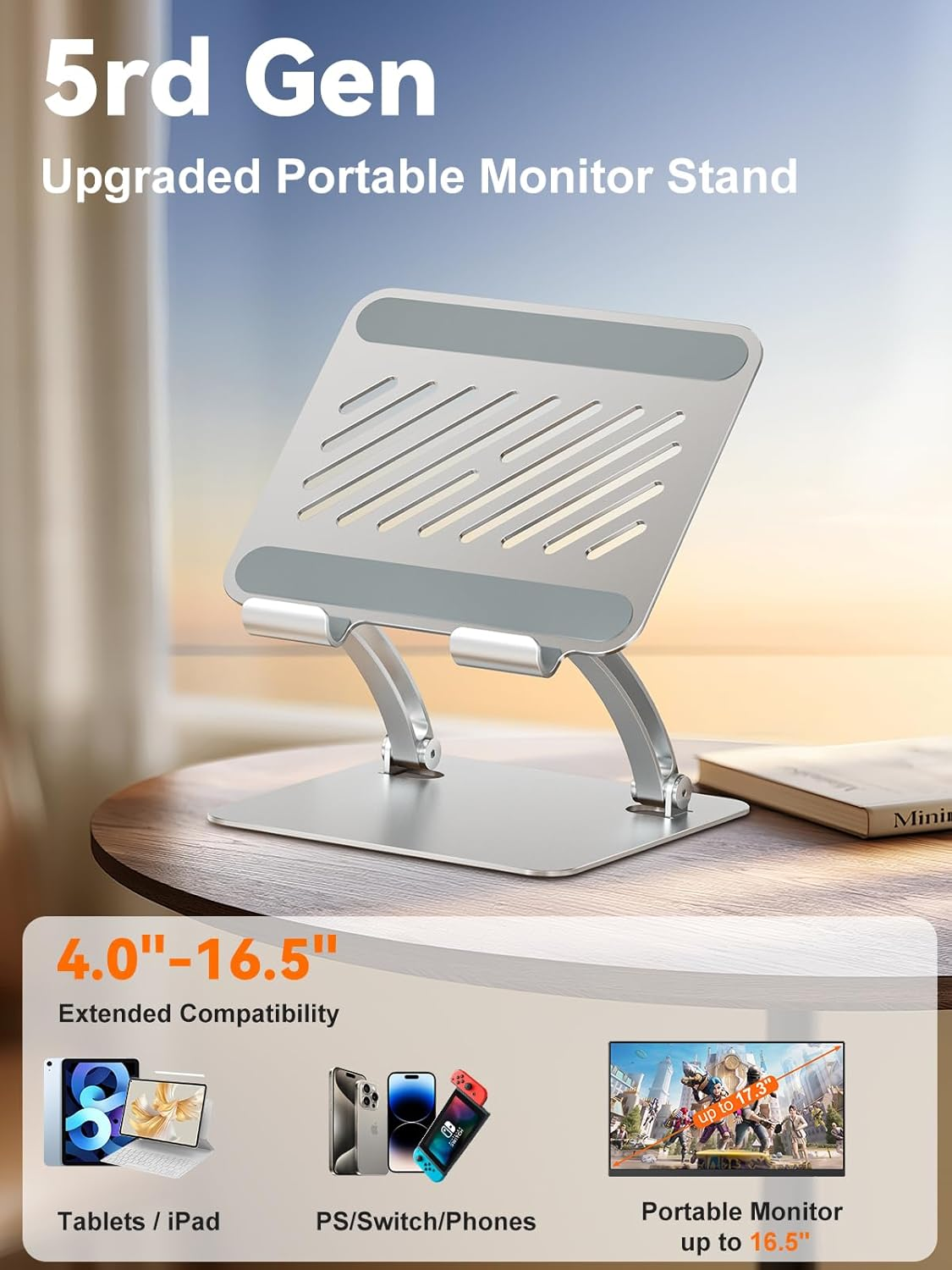 Tounee Tablet Stand for Ipad, Dual Rod Support Portable Monitor Stand Adjustable Aluminum Desktop Tablet Holder for Computer Desk Office Kindle Stand 2024 Ipad 4-16.5" -Silver - Gray image number 6