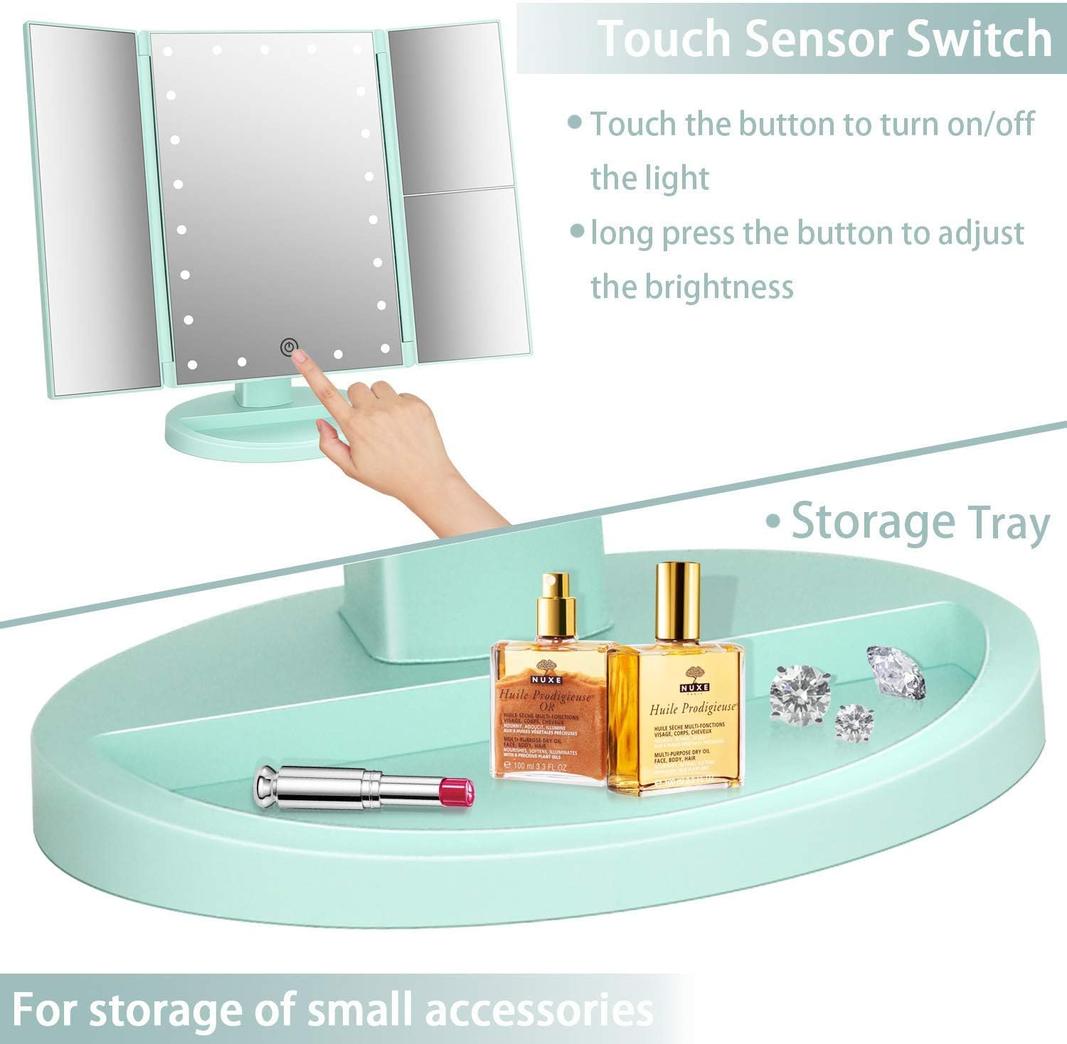 Tri-Fold Lighted Vanity Makeup Mirror with 3X/2X/1X Magnification, 21 LLED Light and Touch Screen,Dual Power Supply, Portable LED Makeup Mirror, Travel,Women Gift (Green)