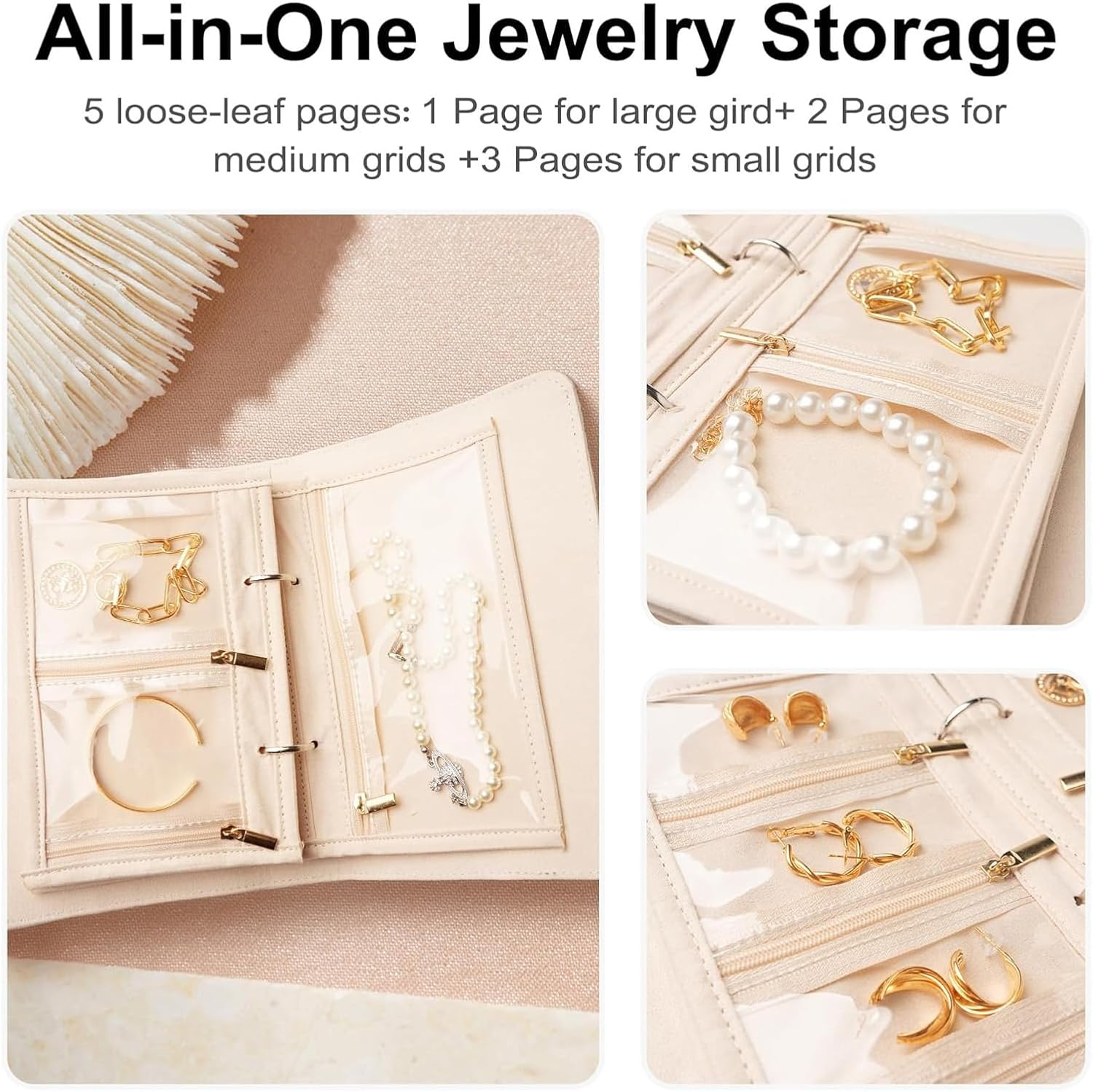 Travel Jewellery Organiser, Jewellry Home Storage Book Ring Binder with Clear Zipper Velvet Pouches for Rings, Necklaces, Earrings (Beige)