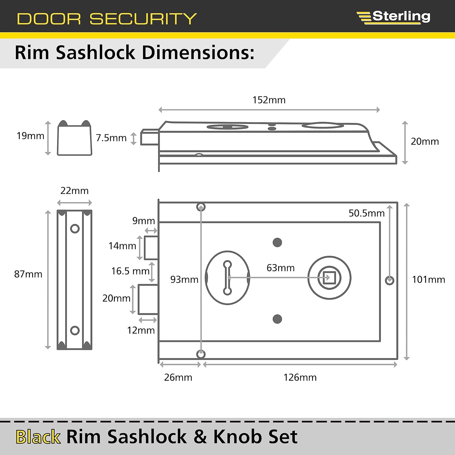 Sterling SRL004KN 152 X 101 Mm Rim Sashlock and Knob Set - Black image number 3