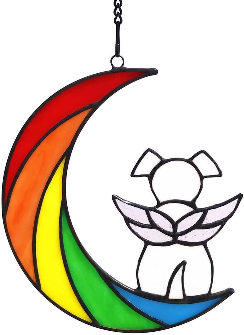 White Dog Stained Glass Window Hanging,Dog Suncatcher for Window, Sun Catchers Indoor Window for Dog Lovers,Cute Puppy on Moon Decor,Rainbow Bridge Pet Memorial (Style1, One Size) image number 2