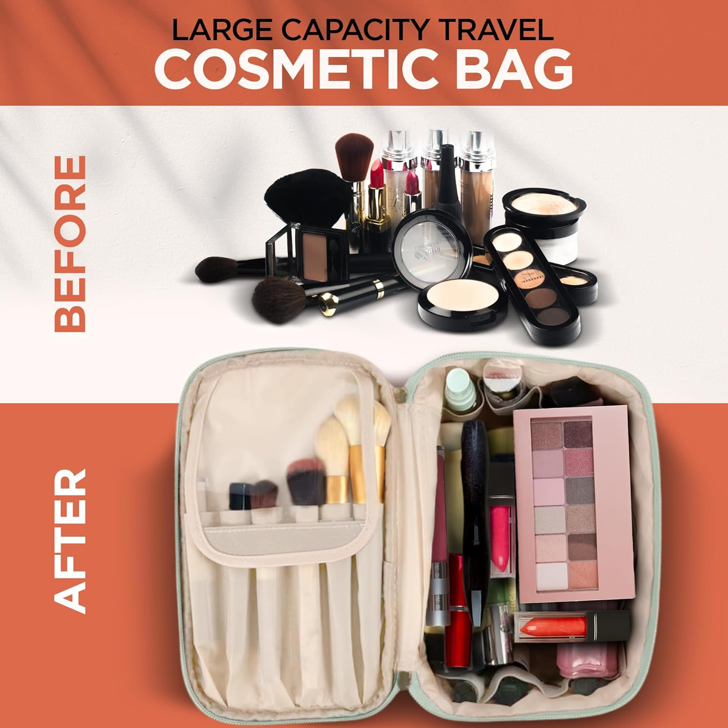 Leesh & CO Makeup Bag - Large Travel Cosmetic Organizer with Brush Holders for Women - Eco-Friendly Vegan Leather, Waterproof & Durable Cosmetics Bag - Perfect for Toiletries, Beauty Products (Green) image number 6