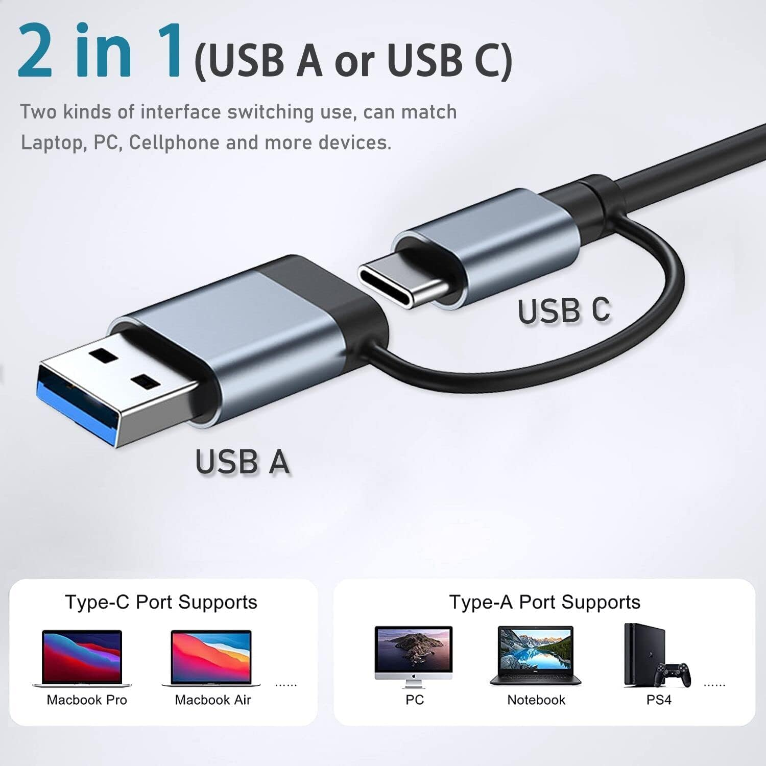 USB Hub 3.0 7 Ports 2 in 1 Aluminium USB 3.0 +6 USB 2.0 Hub USB Splitter USB Extender for Laptop, PC, Macbook, Mac Pro, Mac Mini, Imac, Surface Pro (Gray-7 in 1) image number 2