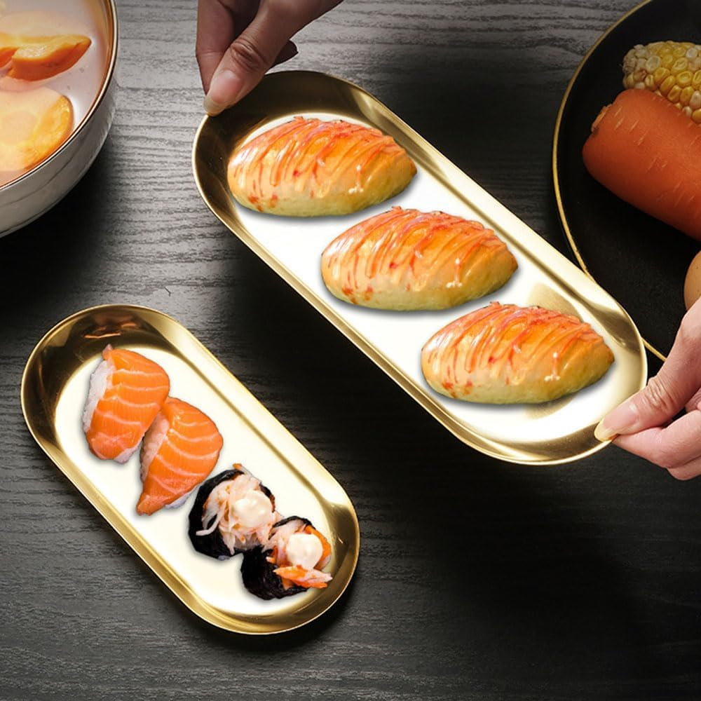 JZS Stainless Steel Tray, 3 Pack Towel Tray Metal Storage Organizer Trays Dish Plate Jewelry Dish Cosmetics Bathroom Clutter Serving Platter Small Storage Trays Oval Plate(Rose Gold) image number 2