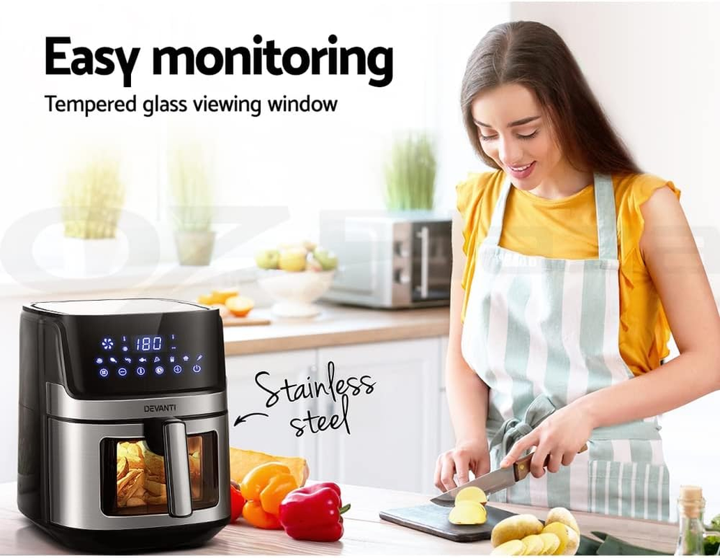 Devanti Air Fryer, 6.5L 1700W Stainless Steel Airfryer Electric Cooker Deep Fryers Rack Silicone Baking Basket Kitchen Oven Household Small Kitchens Appliances, LCD Touch Control Panel image number 4