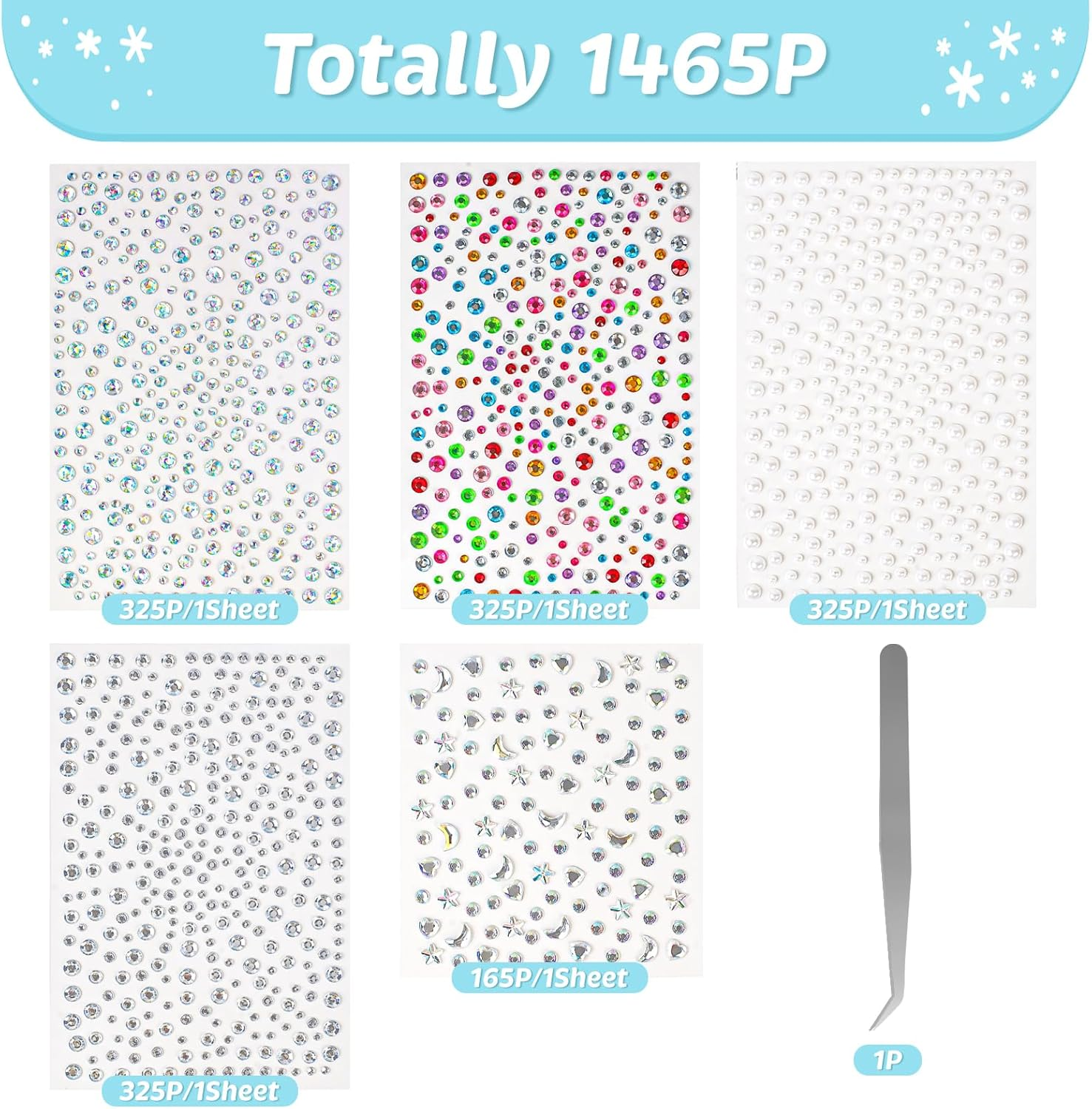 1465P Face Gems, 5 Different Types Self-Adhesive Hair Gems, Face Gems Stick for Eyes, Body, Hair, Makeup, Festival Decorations, DIY Crafts image number 5