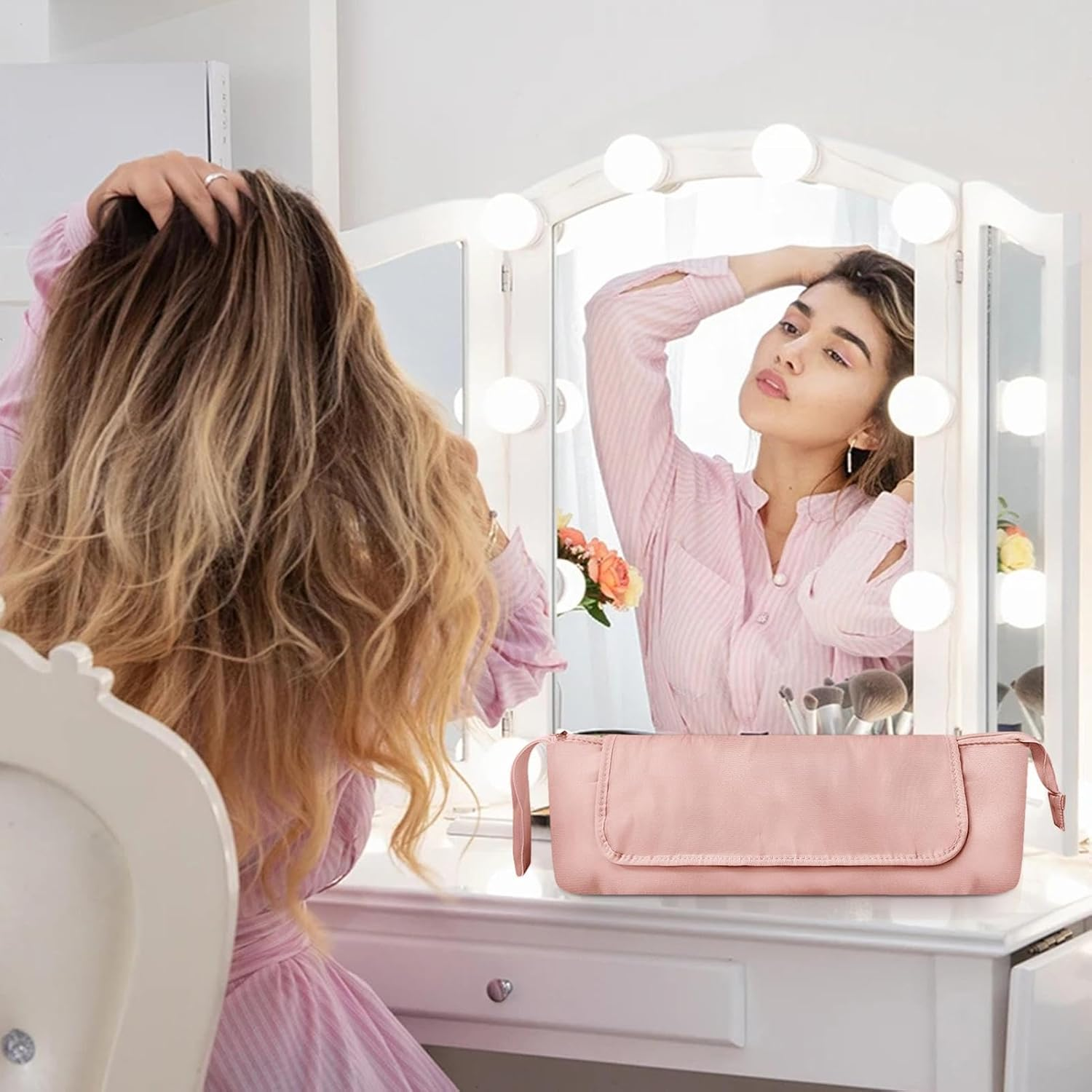 Hair Straightener Bag - Divided Zippered Waterproof Curling Iron Case - Dustproof Tool Holder for Hair Dryer, Portable Flat Iron with Strap - Black image number 5