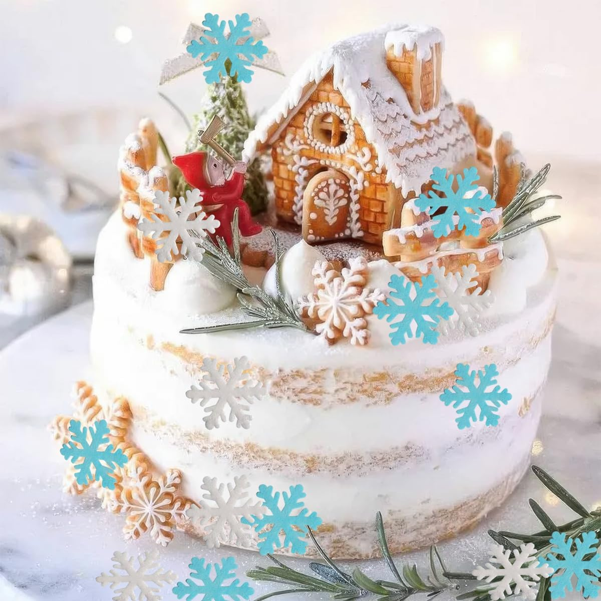 50 Pcs Edible Snowflake Cupcake Toppers Christmas Winter Cake Toppers White Blue Snowflakes Cake Decoration for Christmas Winter Frozen Birthday Theme Party Supplies image number 3