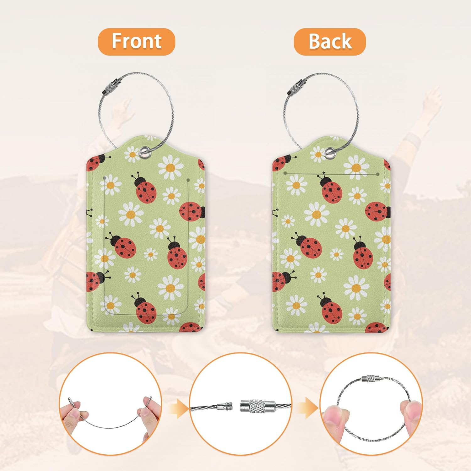Ladybug and Strawberry Flowers Luggage Tags for Suitcase,Luggage Tag with Stainless Steel Loop Privacy Cover Id Label Travel Bag Luggage Identifiers for Women Men Travel,Set of 2 - Boho Ethnic Elephant image number 6