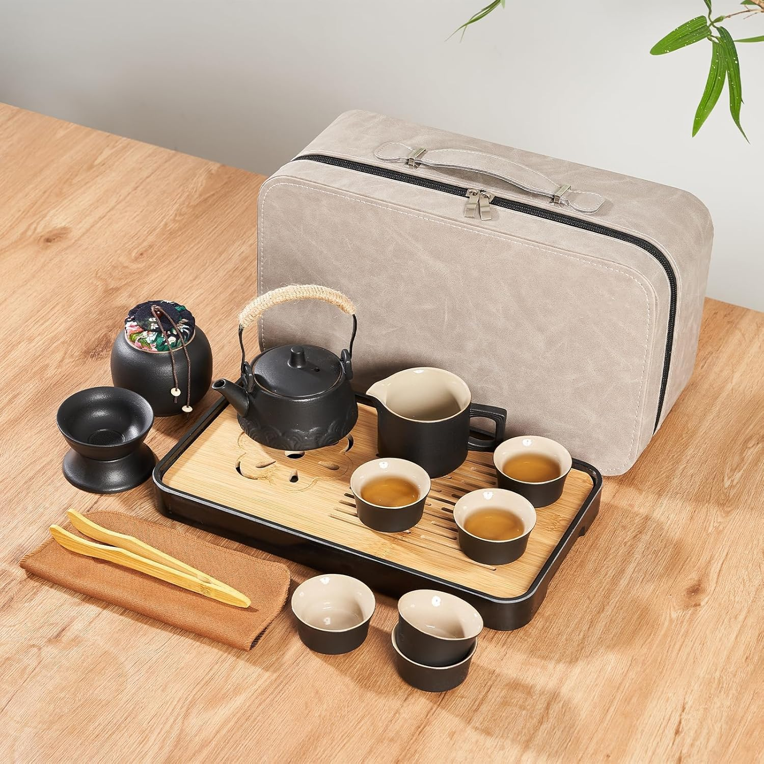 Kapeicamper Japanese Tea Set, Chinese Tea Set, Travel Tea Sets for Adults, Ceramic Gongfu Tea Set, 14-Piece Porcelain Tea Set Withgrey Leather Case, Portable Asian Tea Gift Sets, Home, Outdoor image number 1