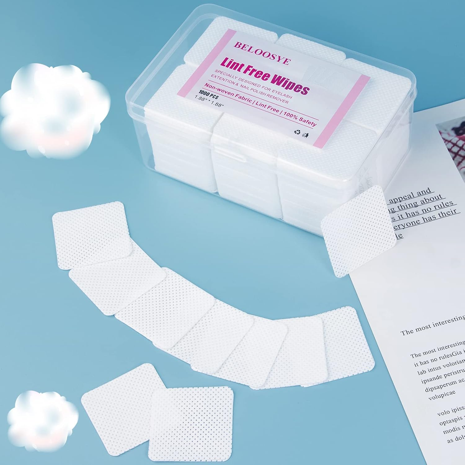 1000 PCS Lint Free Nail Wipes,Eyelash Extension Glue Wipes with Container,Super Absorbent Soft Non-Woven Fabric Lash Glue Wipes,Lint Free Wipes for Lash Extension Supplies & Nail Polish Remover-White image number 1