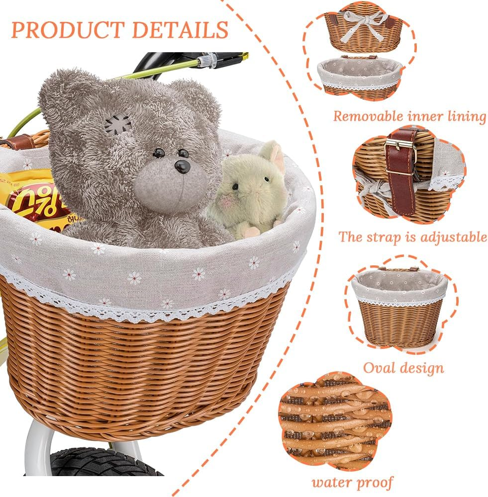 Bicycle Front Basket, Universal Storage Basket, Woven Basket, Removable Lining, Adjustable Shoulder Straps, Suitable for Bicycle and Electric Vehicle Storage Basket (Khaki) image number 5